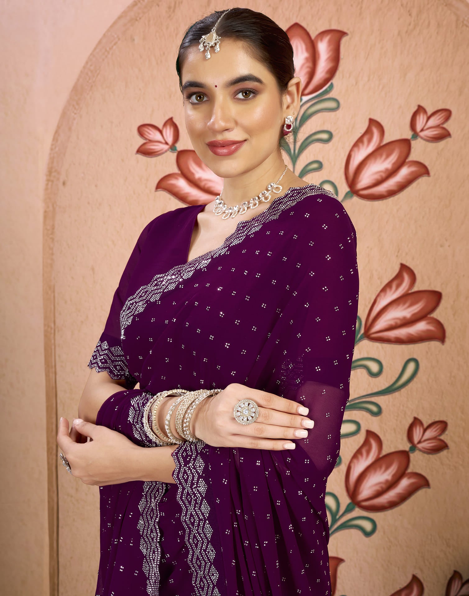 Wine Georgette Swarovski Embellished Saree