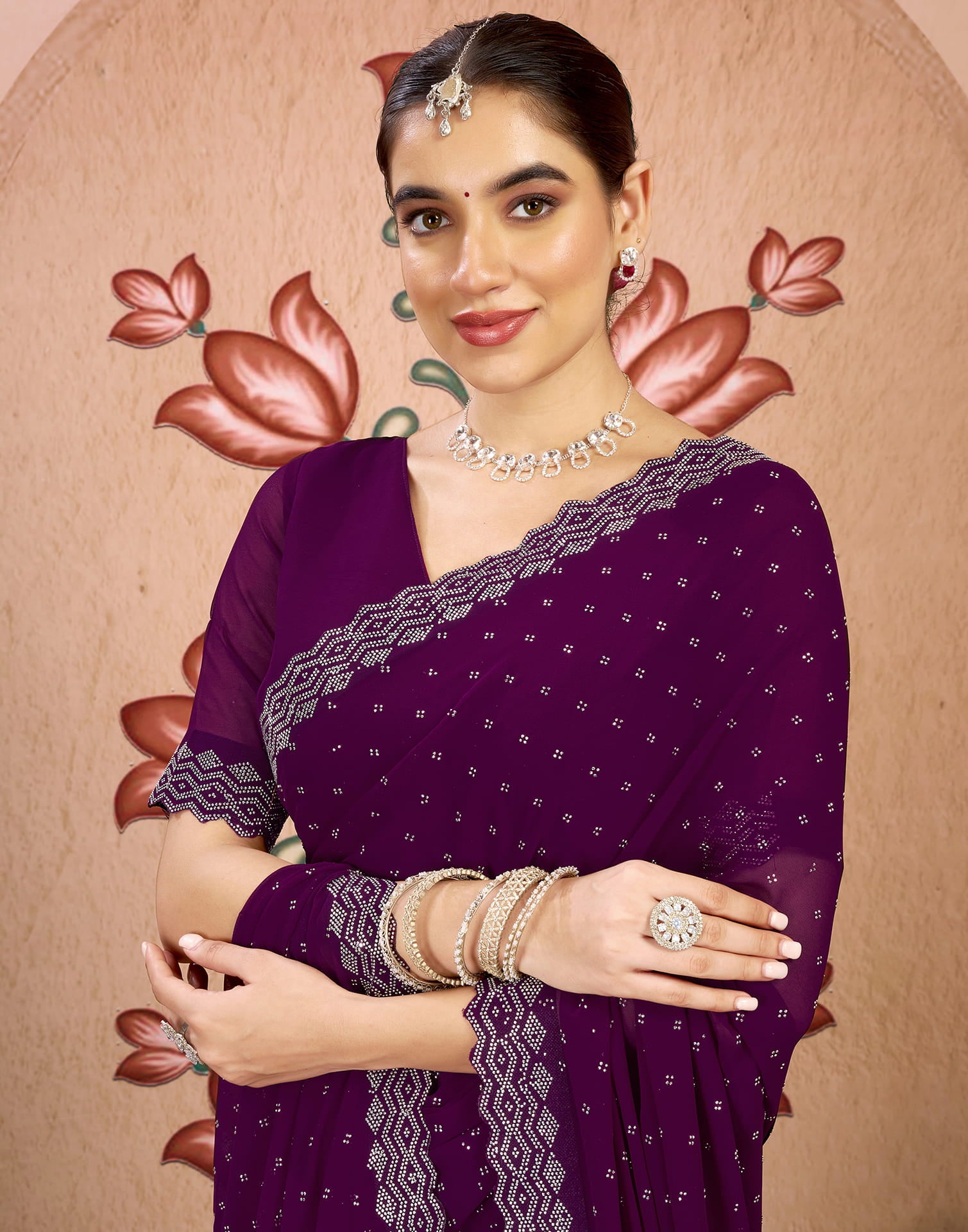 Wine Georgette Swarovski Embellished Saree