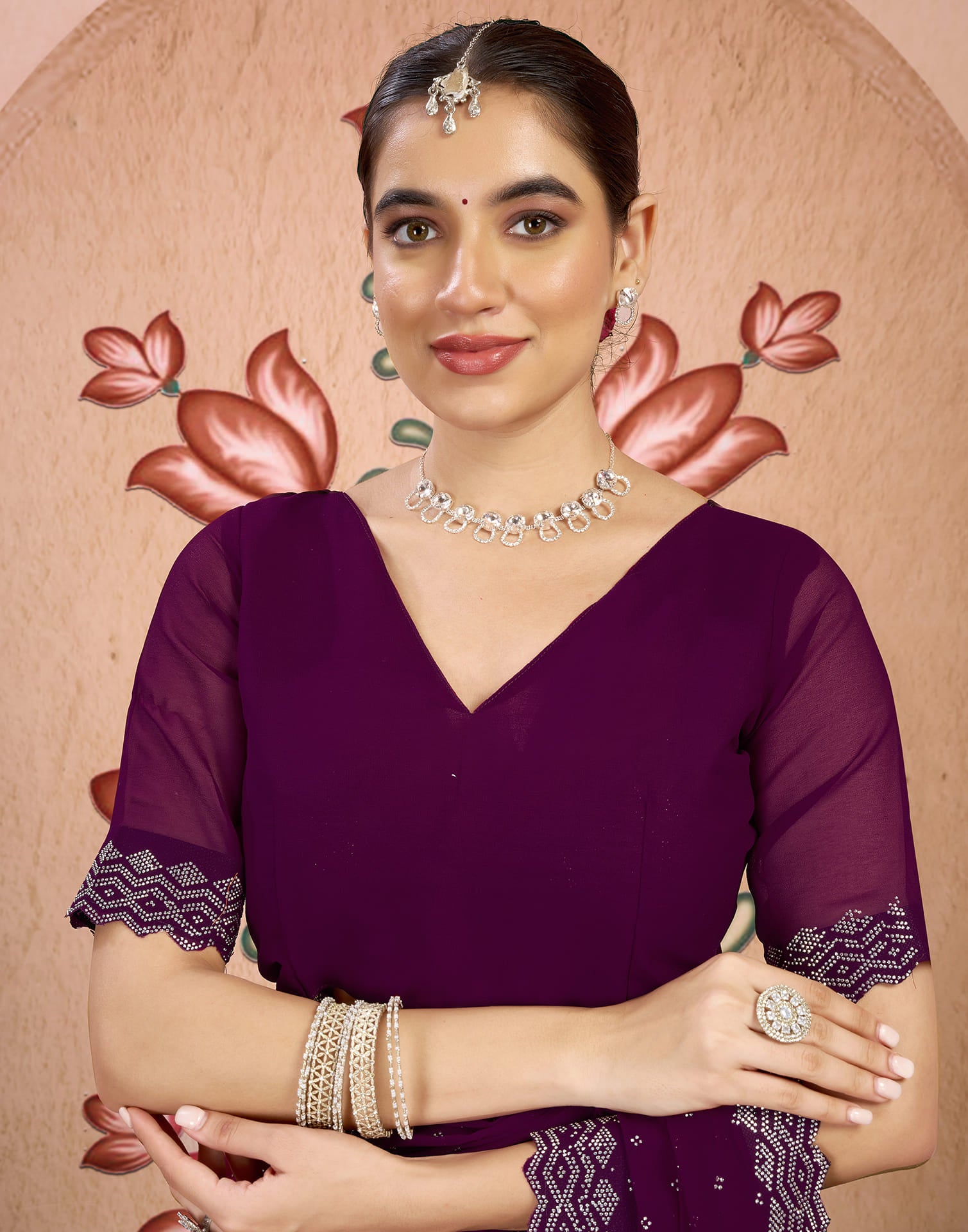 Wine Georgette Swarovski Embellished Saree