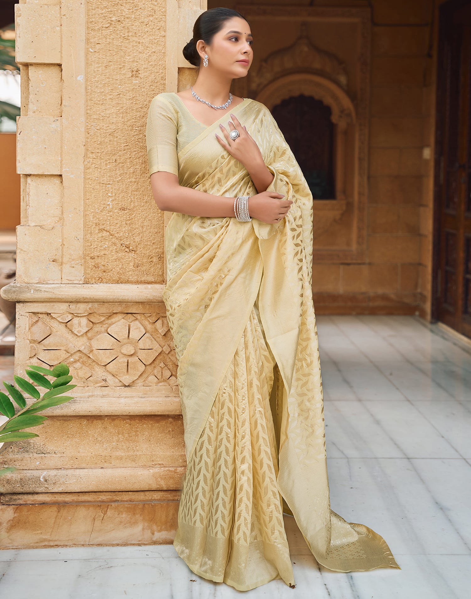 Yellow Silk Blend Woven Banarasi Saree