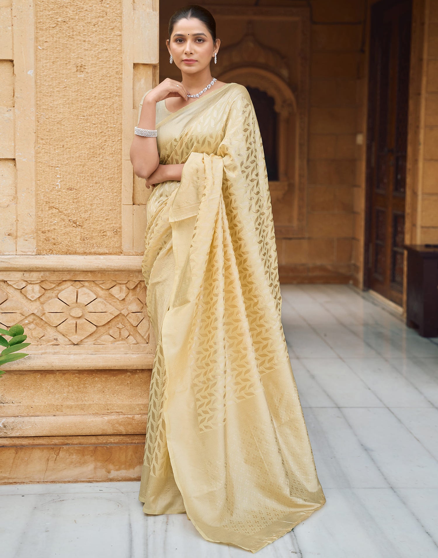 Yellow Silk Blend Woven Banarasi Saree