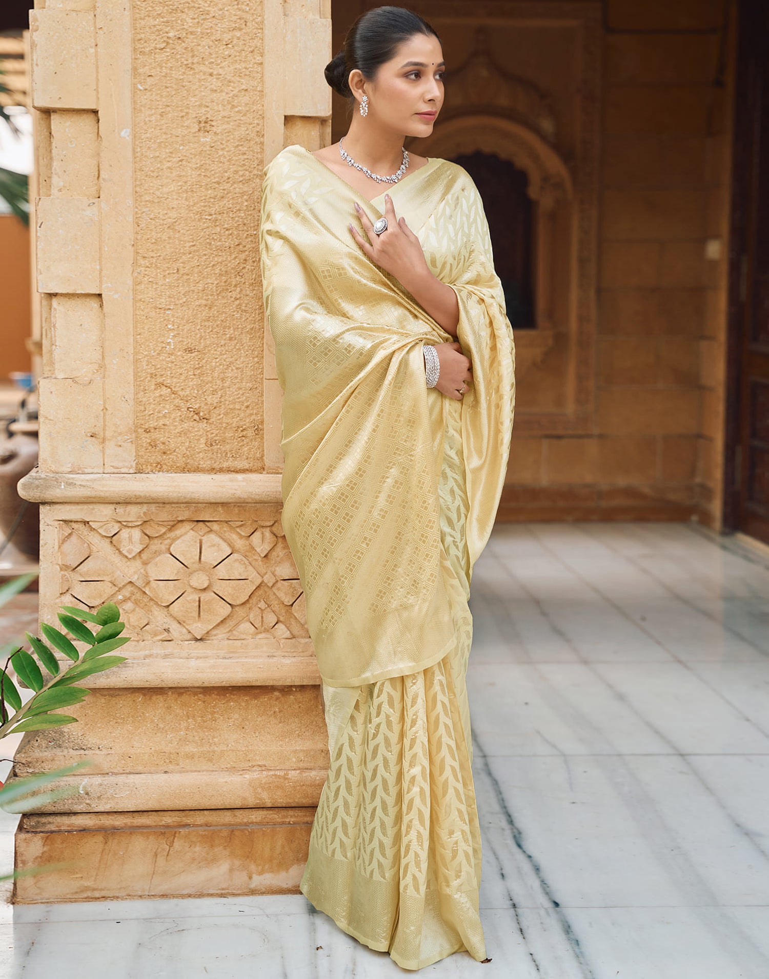 Yellow Silk Blend Woven Banarasi Saree