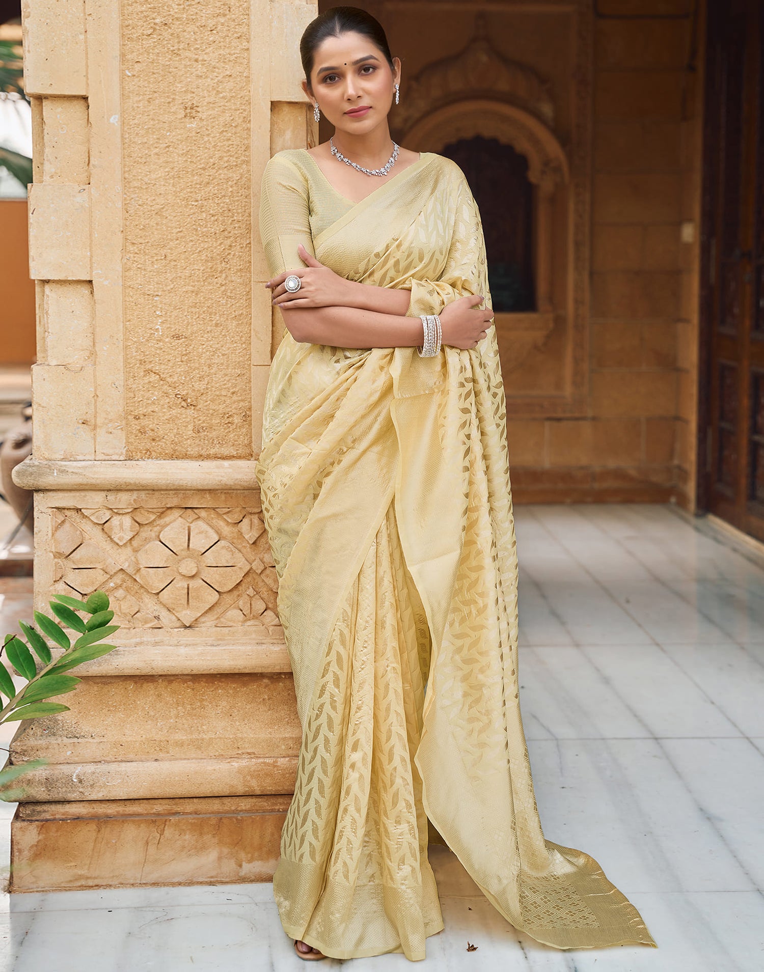 Yellow Silk Blend Woven Banarasi Saree
