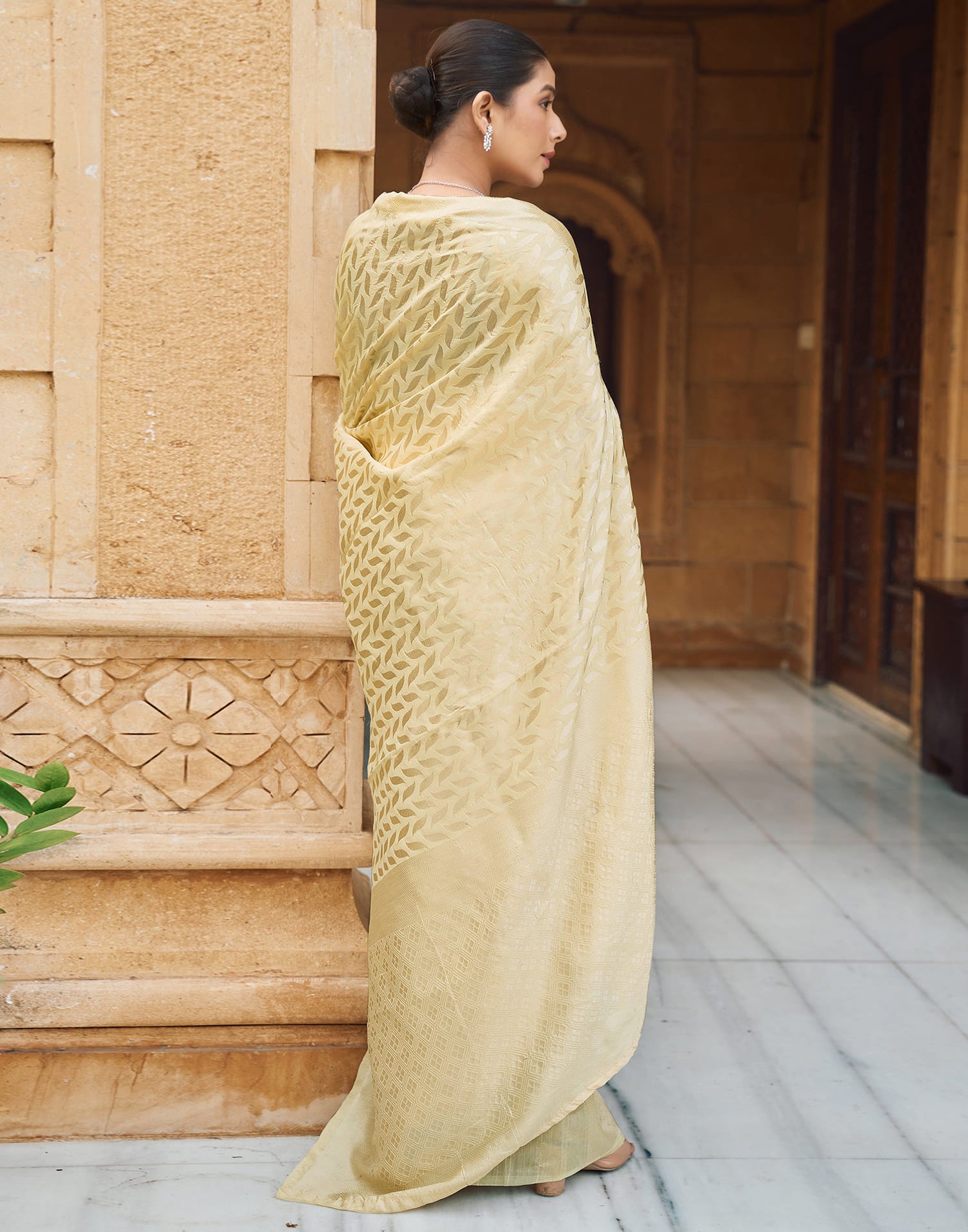 Yellow Silk Blend Woven Banarasi Saree