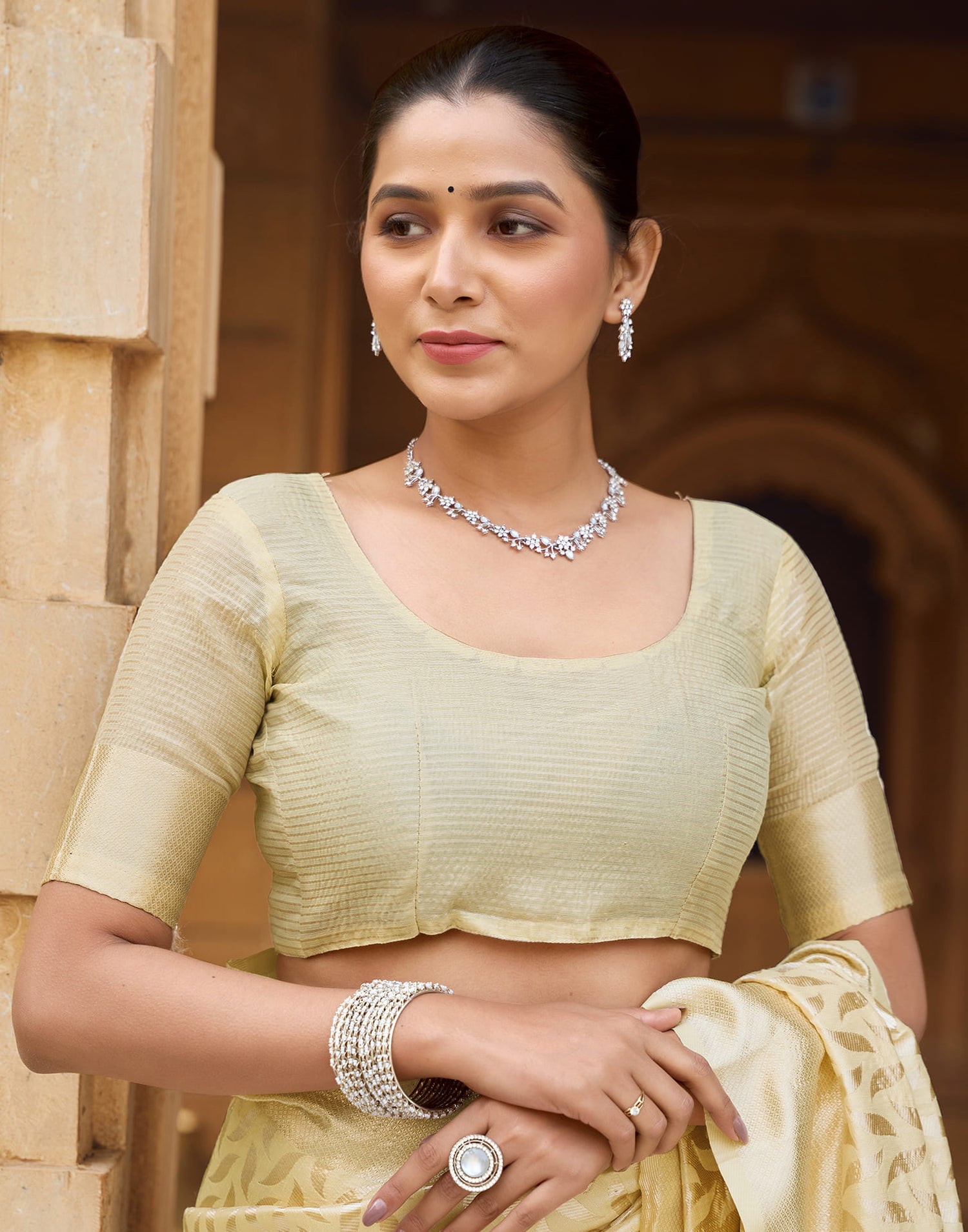 Yellow Silk Blend Woven Banarasi Saree