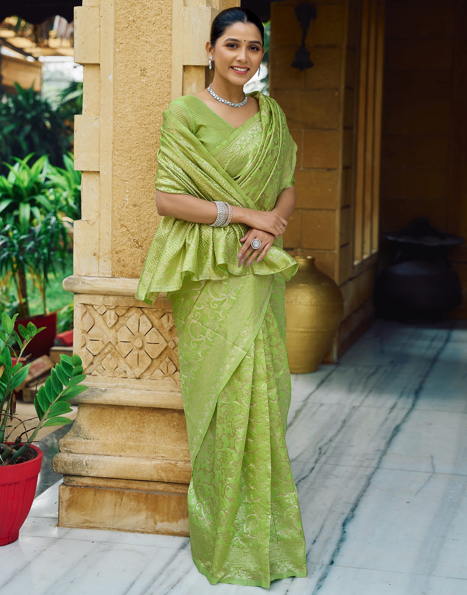 Green Silk Blend Woven Banarasi Saree