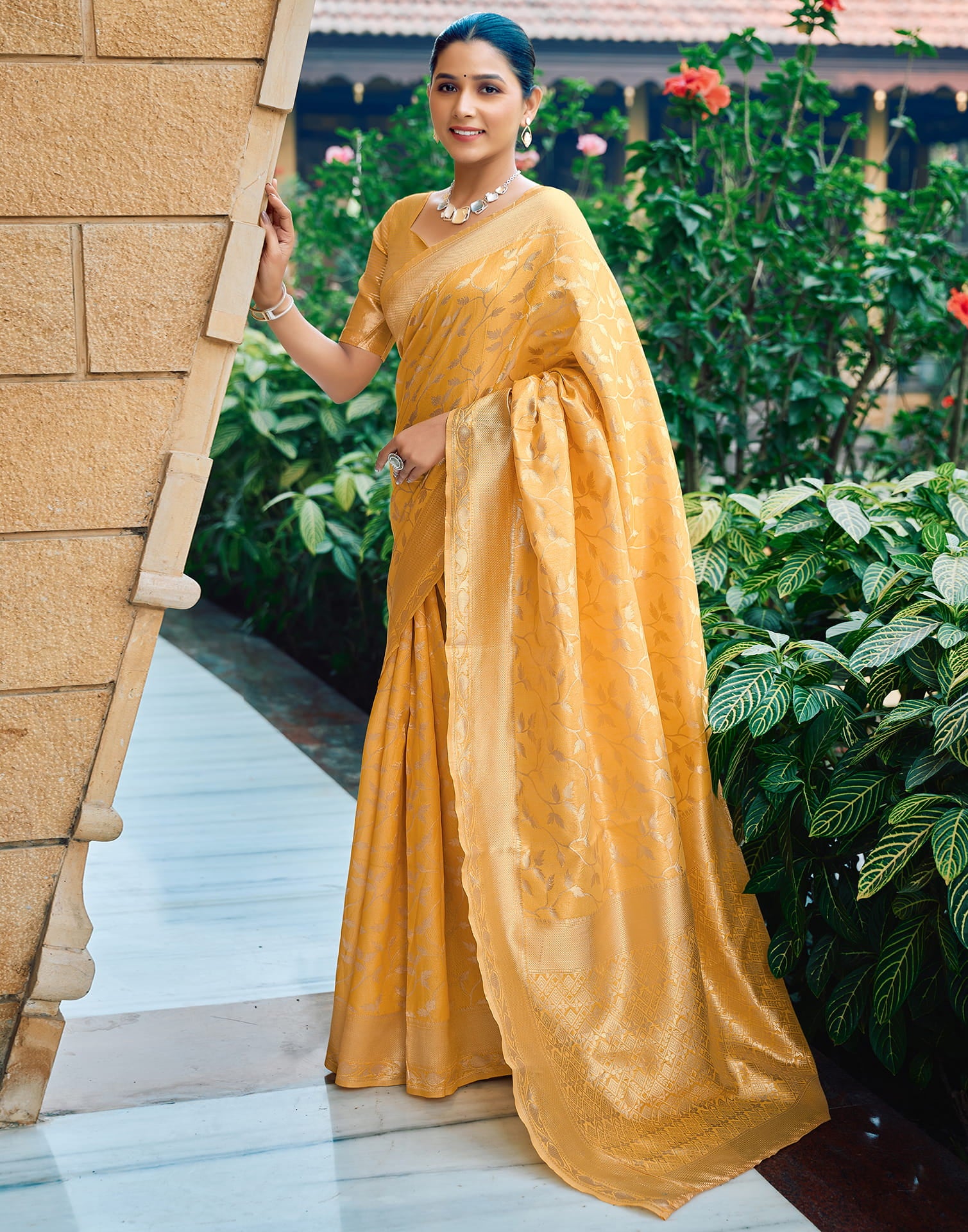 Yellow Silk Blend Woven Banarasi Saree