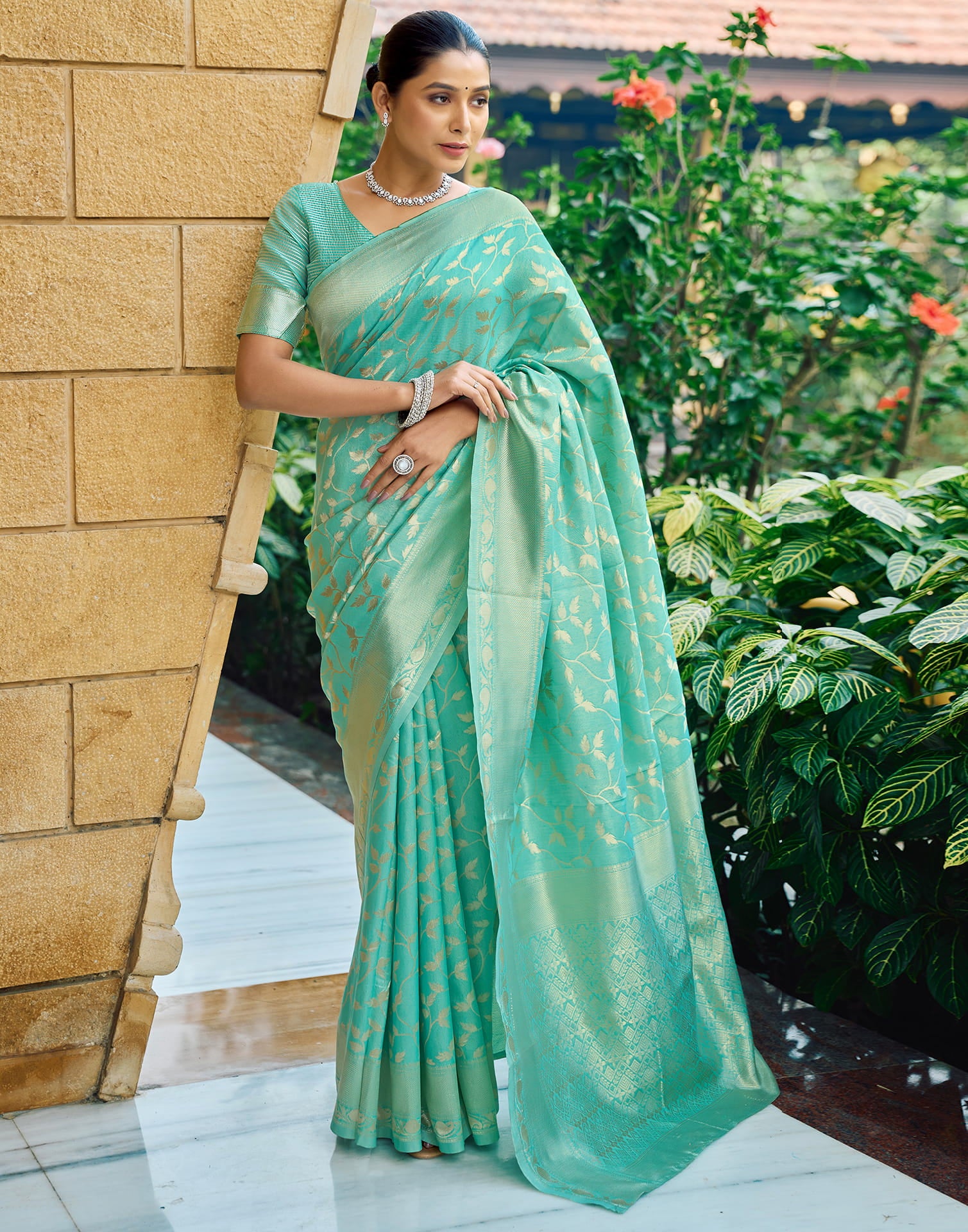 Turquoise Silk Blend Woven Banarasi Saree