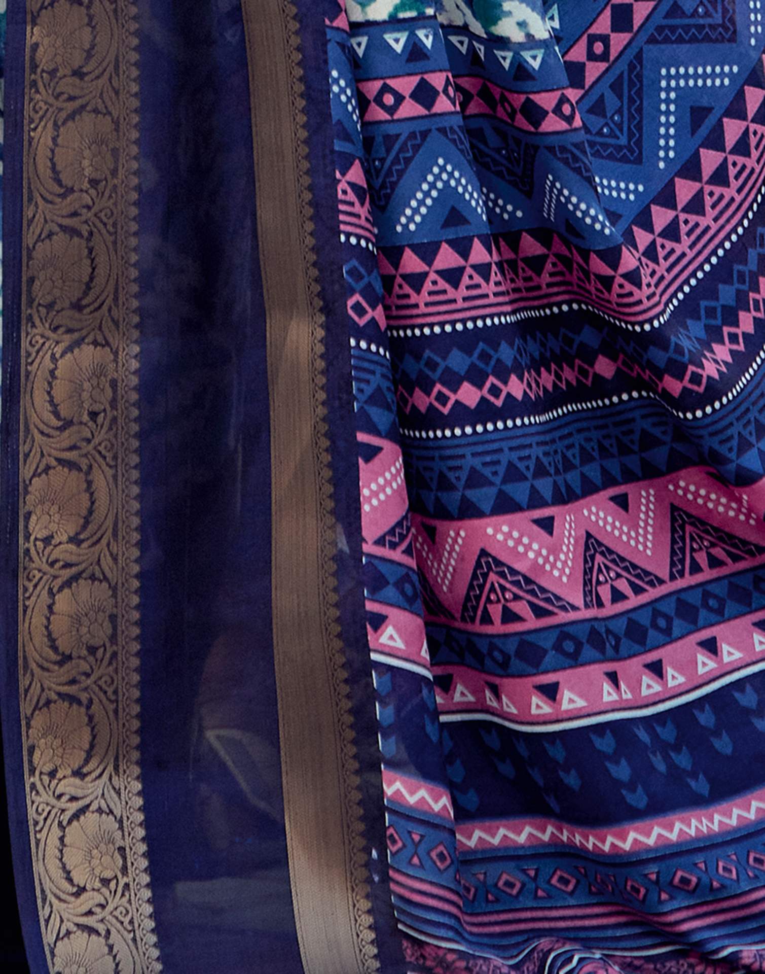 Blue Cotton Silk Printed Saree