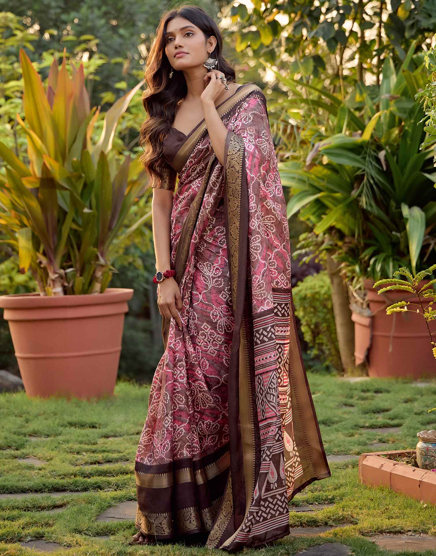 Brown Cotton Silk Printed Bandhani Saree