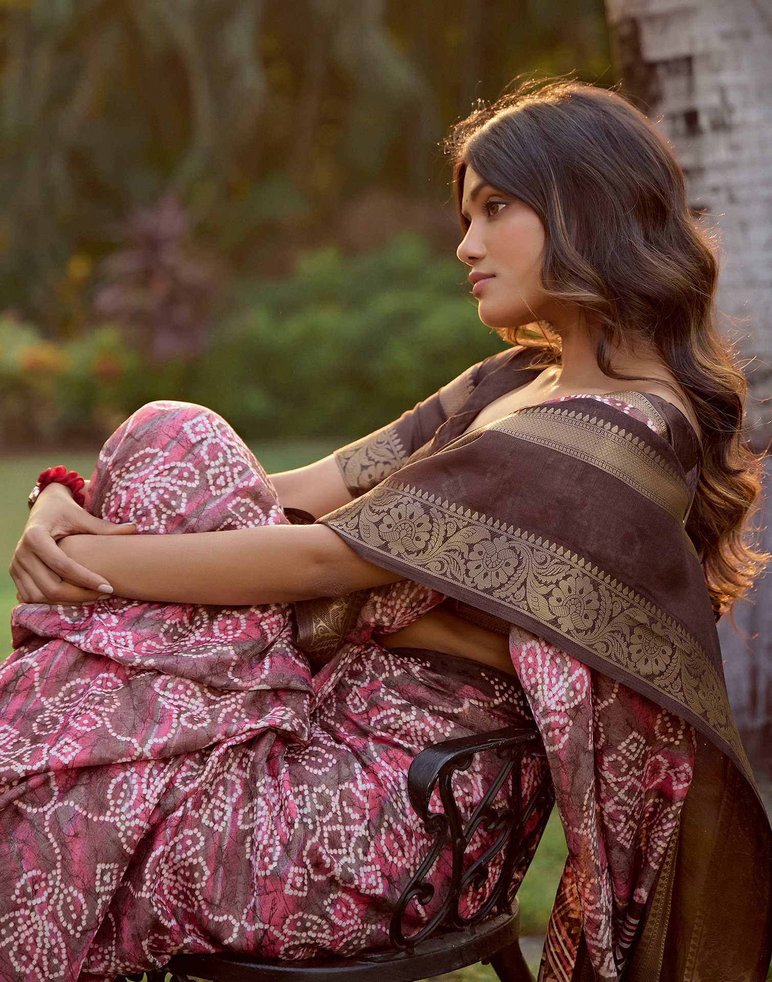 Brown Cotton Silk Printed Bandhani Saree