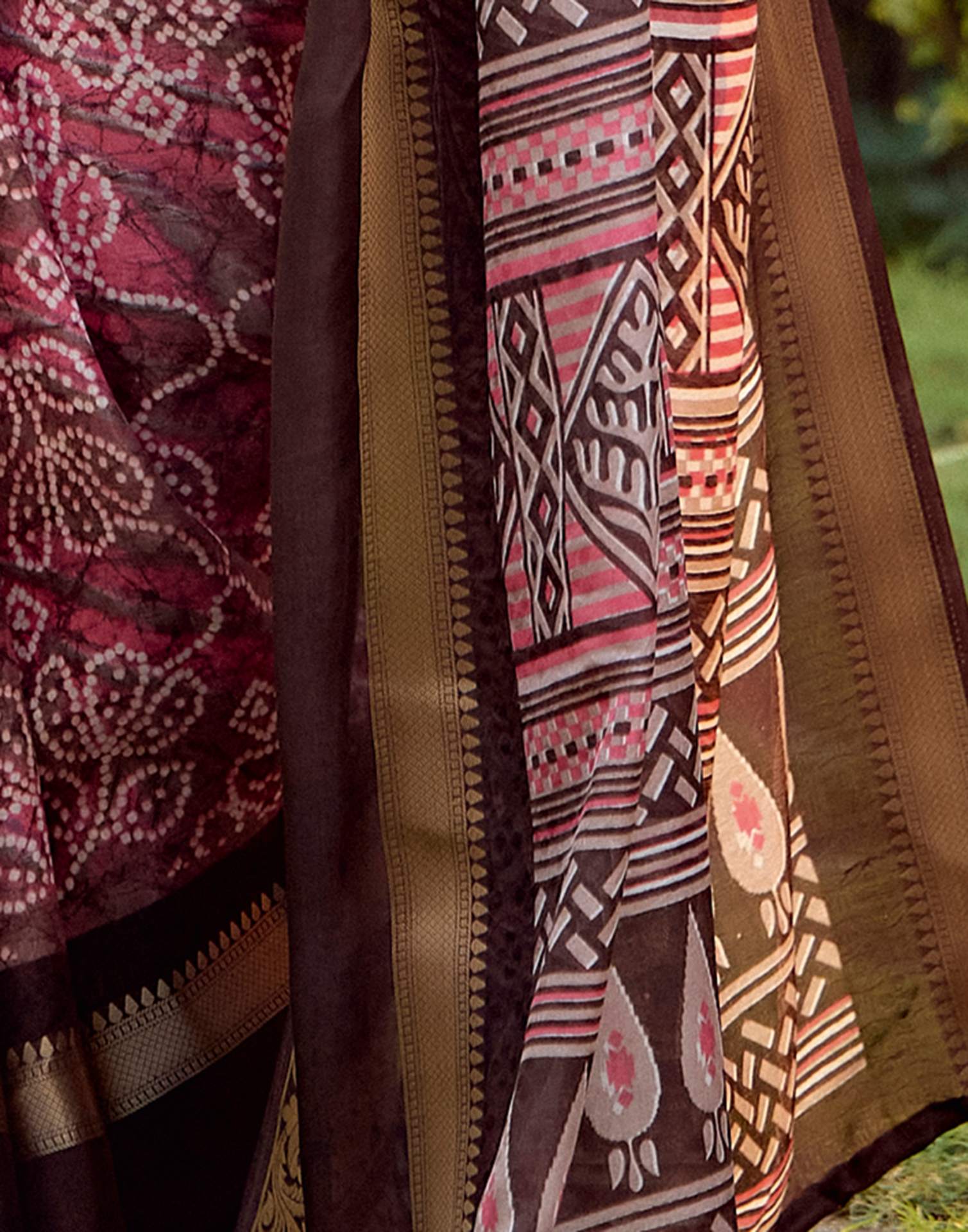 Brown Cotton Silk Printed Bandhani Saree