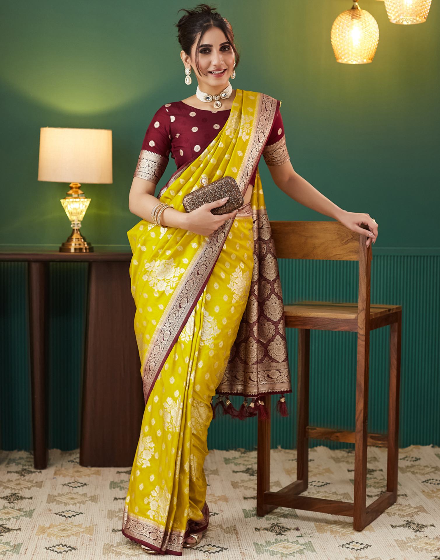 Lime Yellow Silk Weaving Banarasi Saree