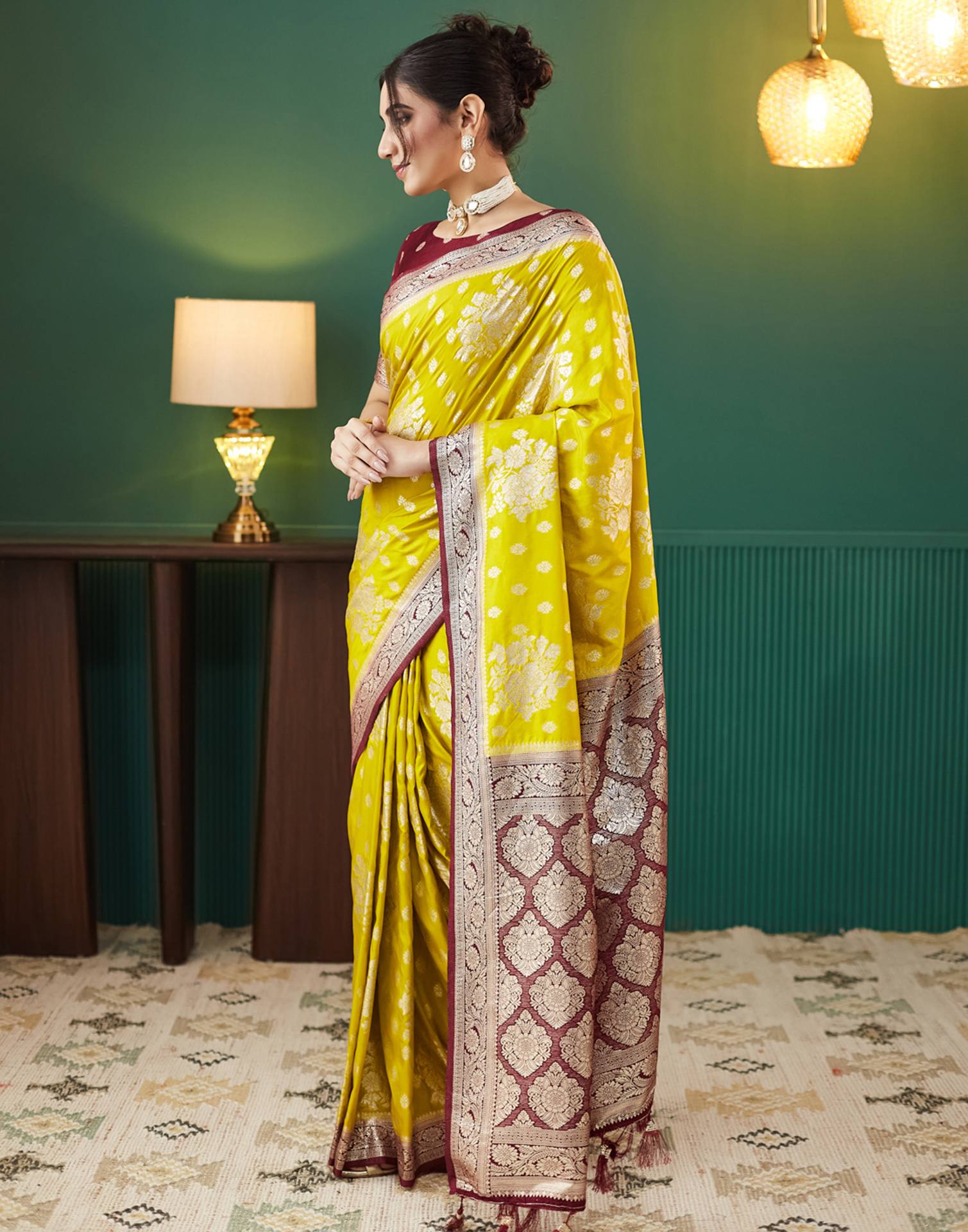 Lime Yellow Silk Weaving Banarasi Saree