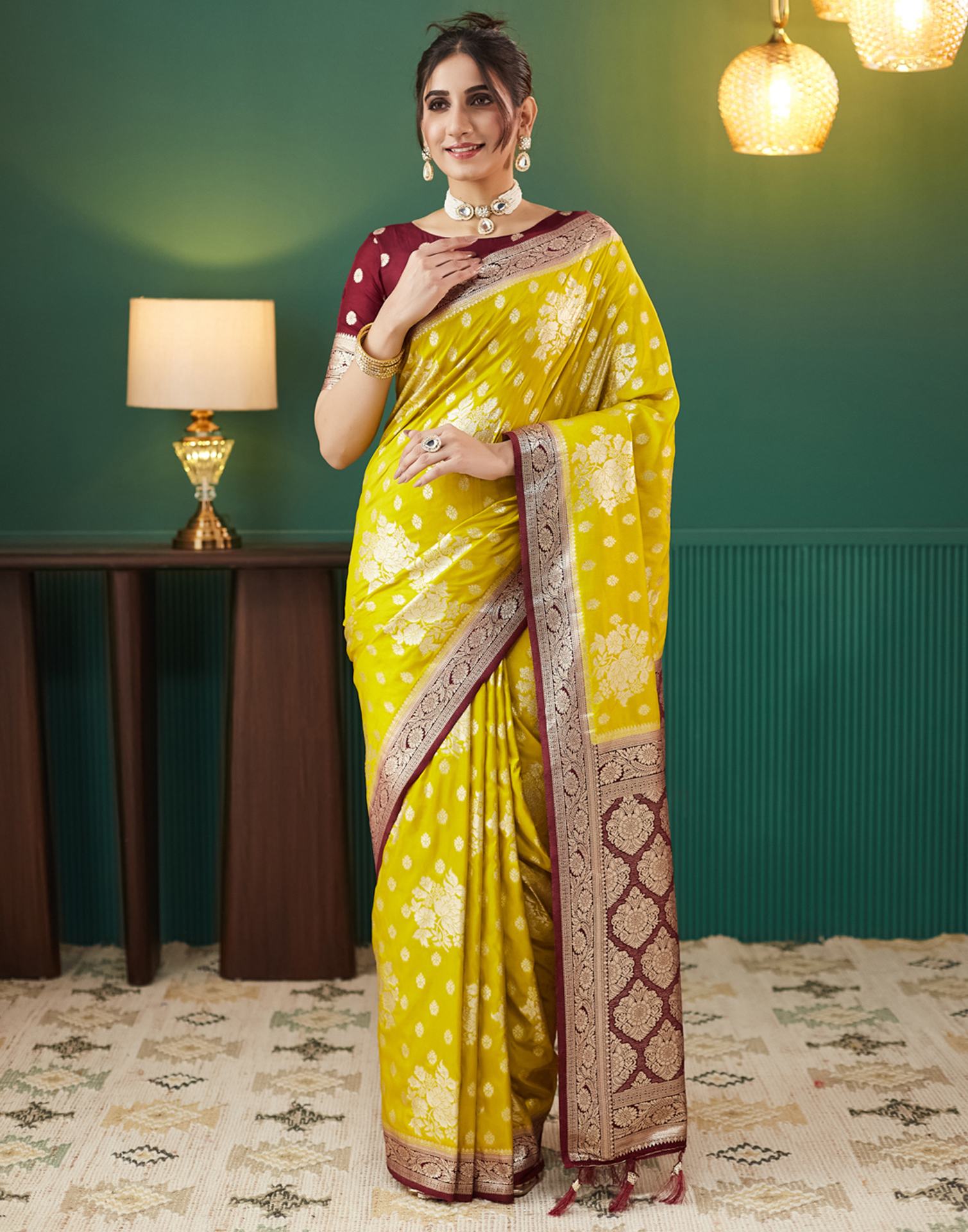 Lime Yellow Silk Weaving Banarasi Saree
