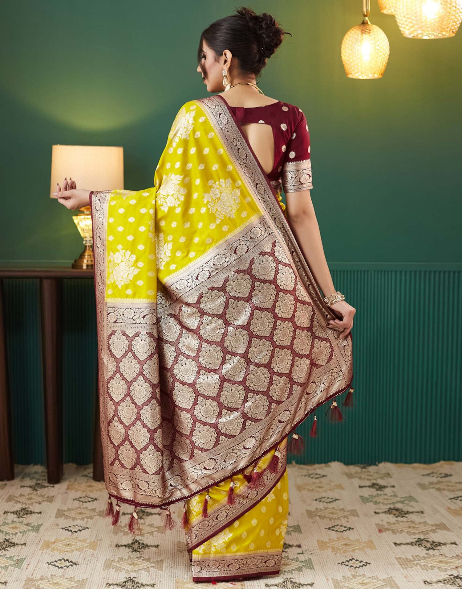 Lime Yellow Silk Weaving Banarasi Saree