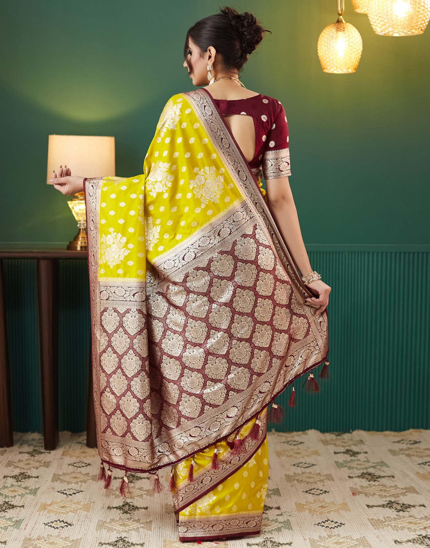 Lime Yellow Silk Weaving Banarasi Saree