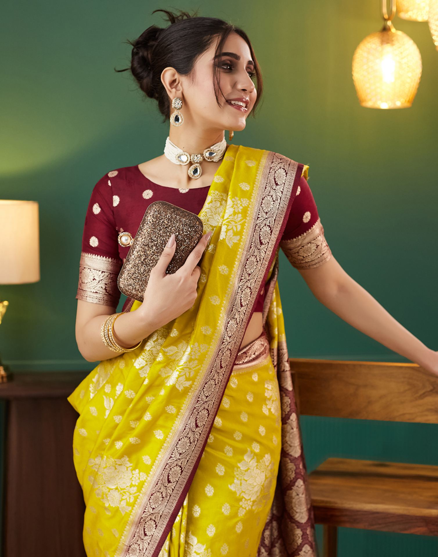 Lime Yellow Silk Weaving Banarasi Saree