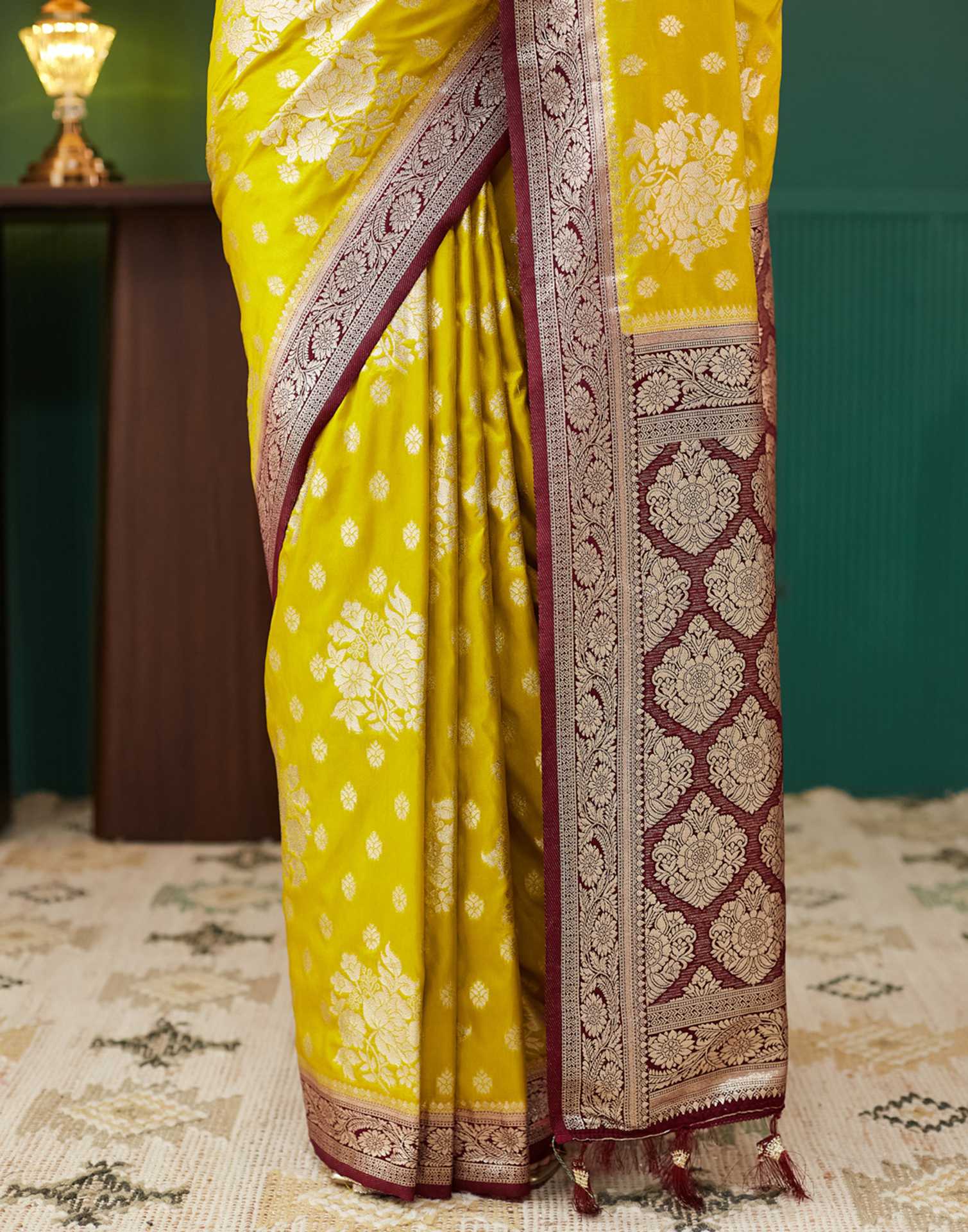 Lime Yellow Silk Weaving Banarasi Saree