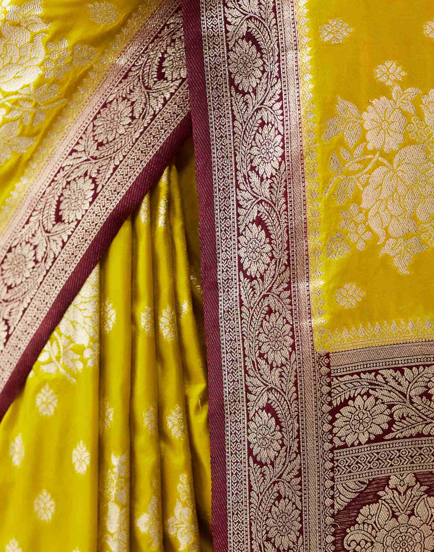 Lime Yellow Silk Weaving Banarasi Saree