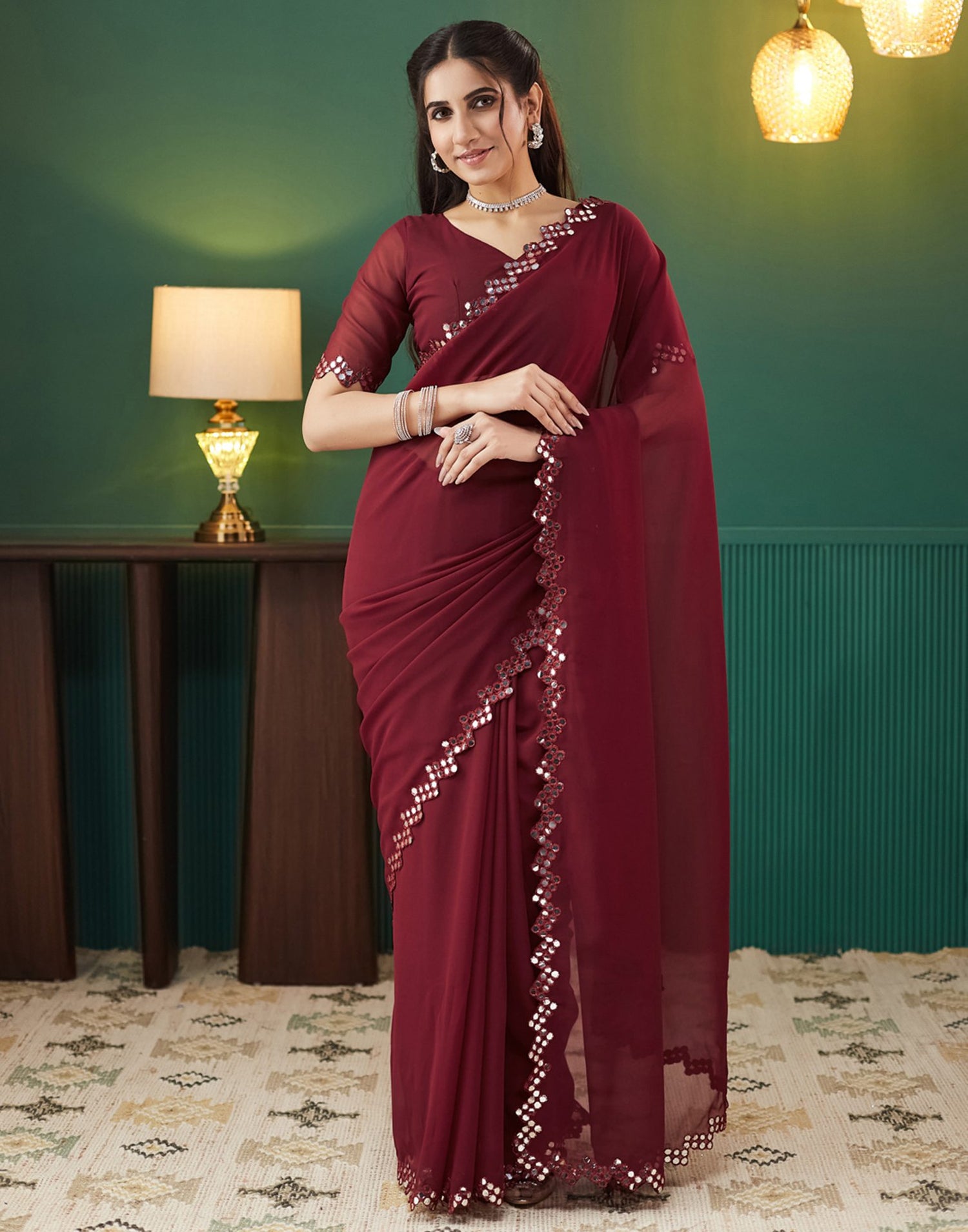 Maroon Georgette Mirror Work Embellished Saree