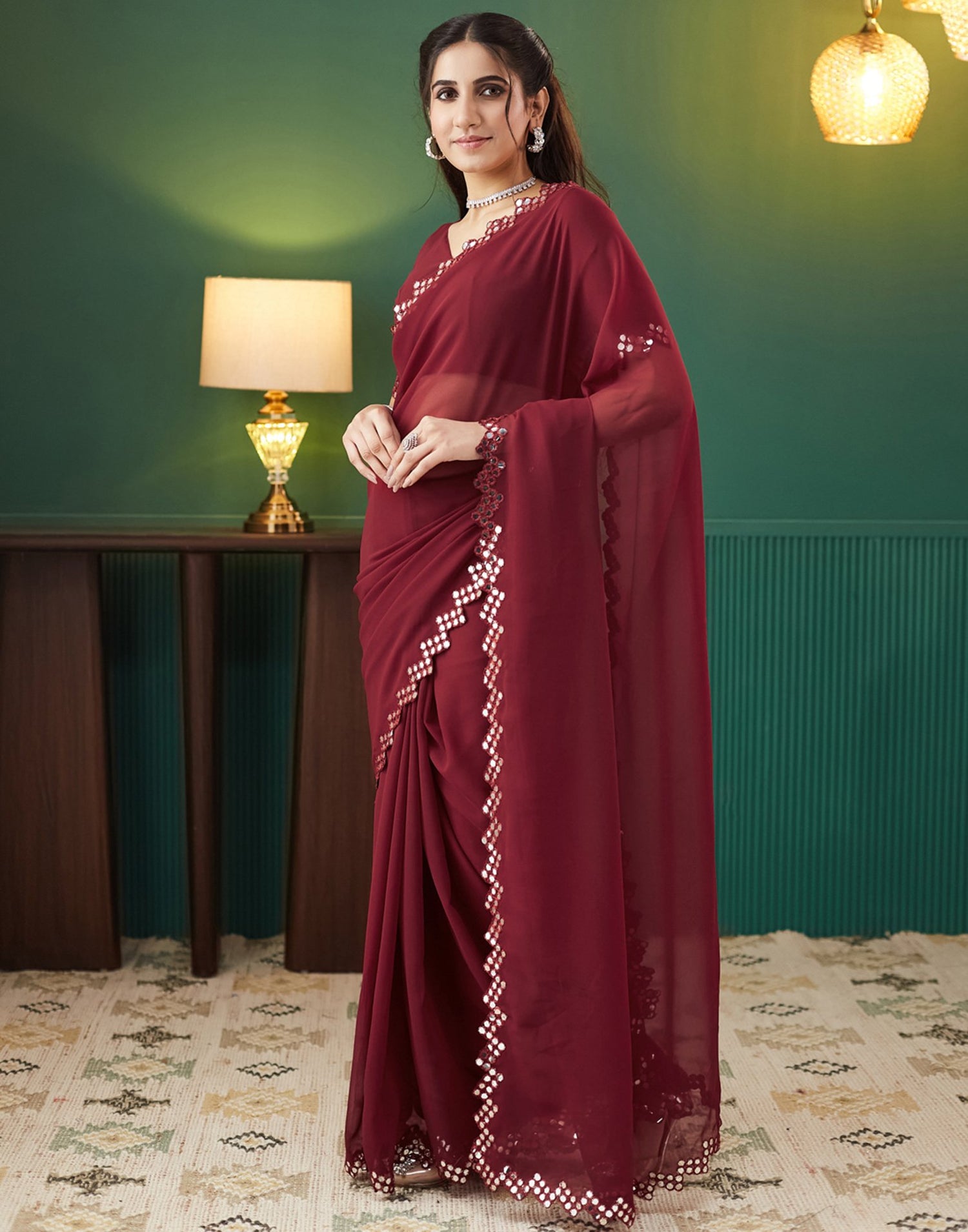Maroon Georgette Mirror Work Embellished Saree