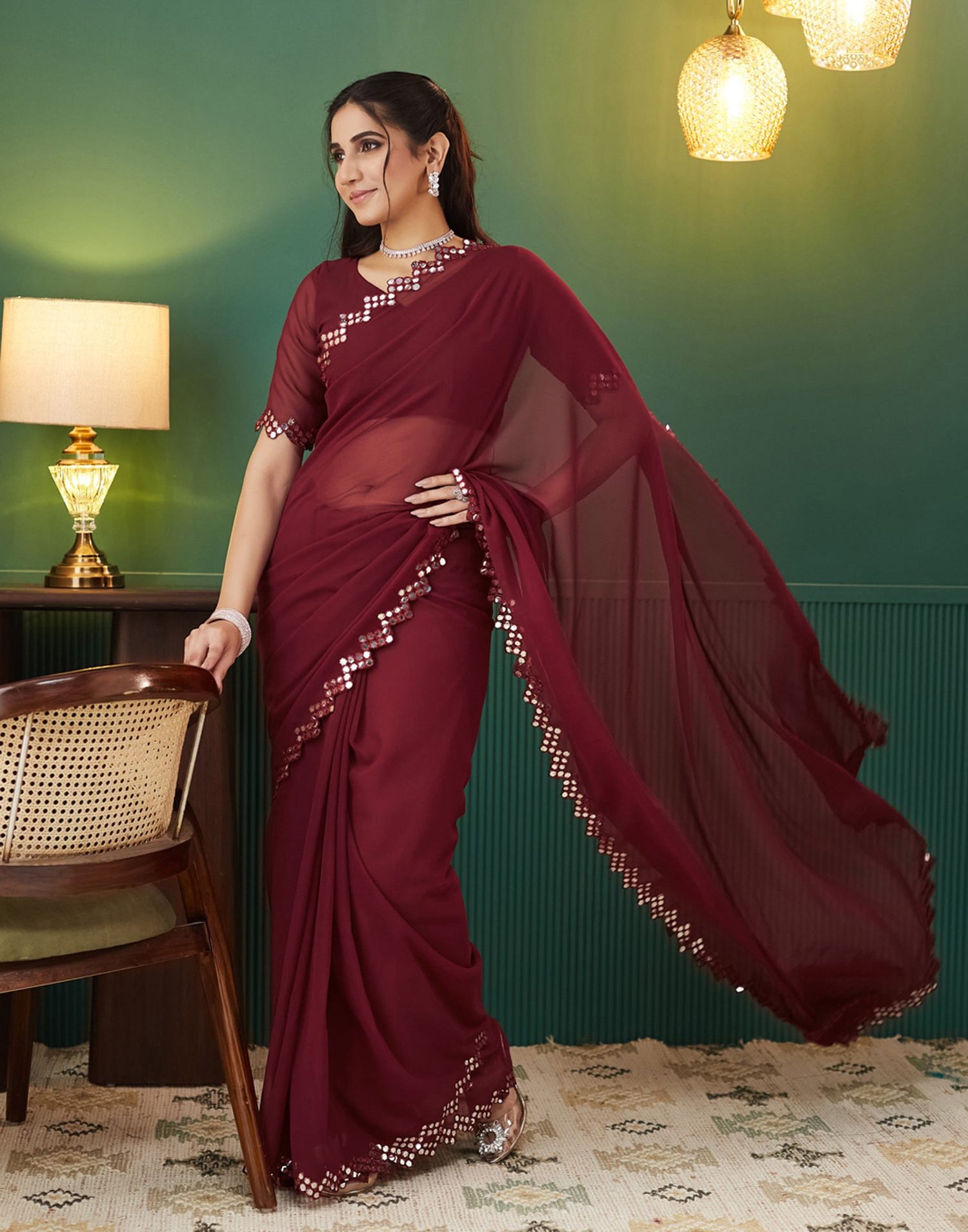Maroon Georgette Mirror Work Embellished Saree
