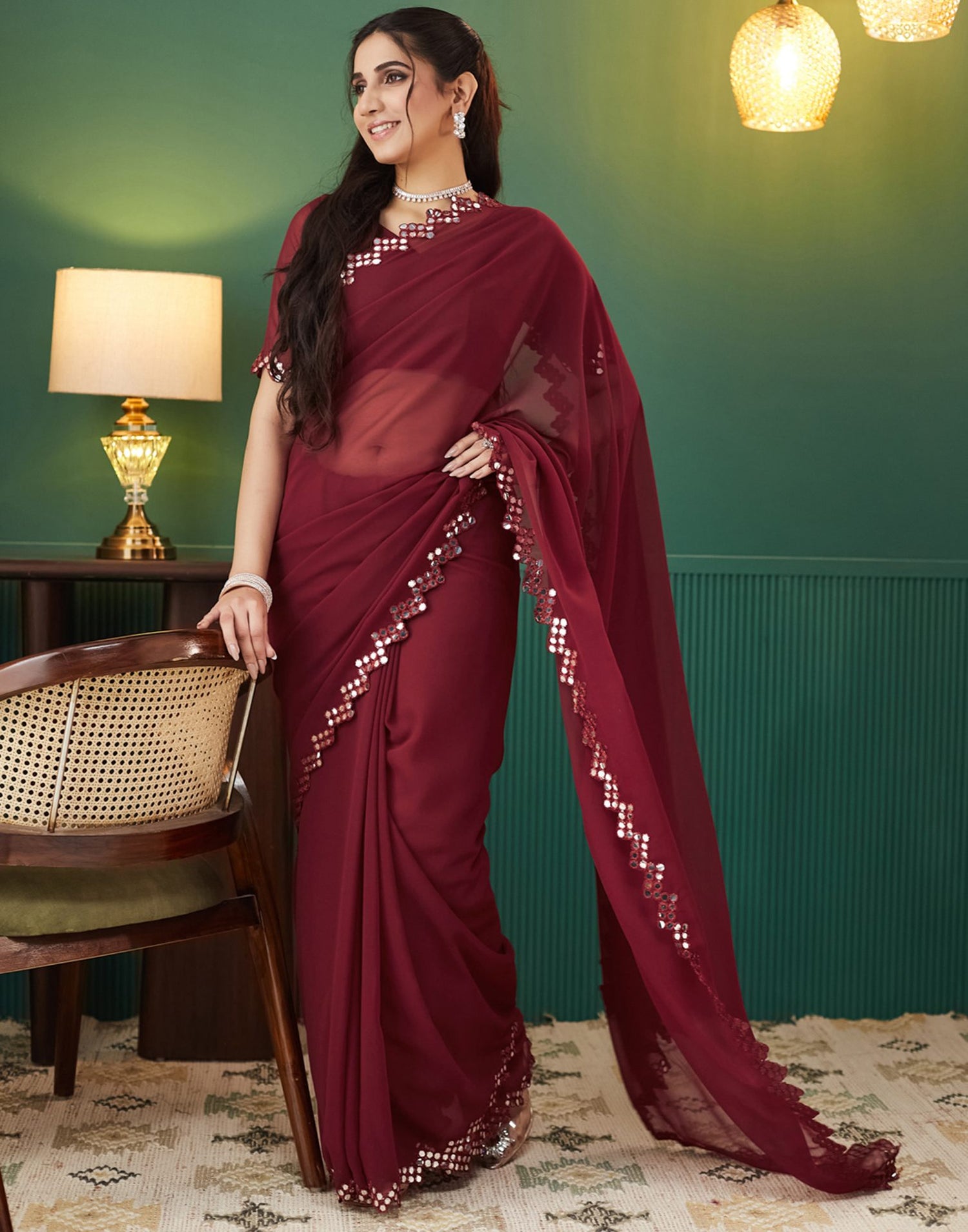 Maroon Georgette Mirror Work Embellished Saree