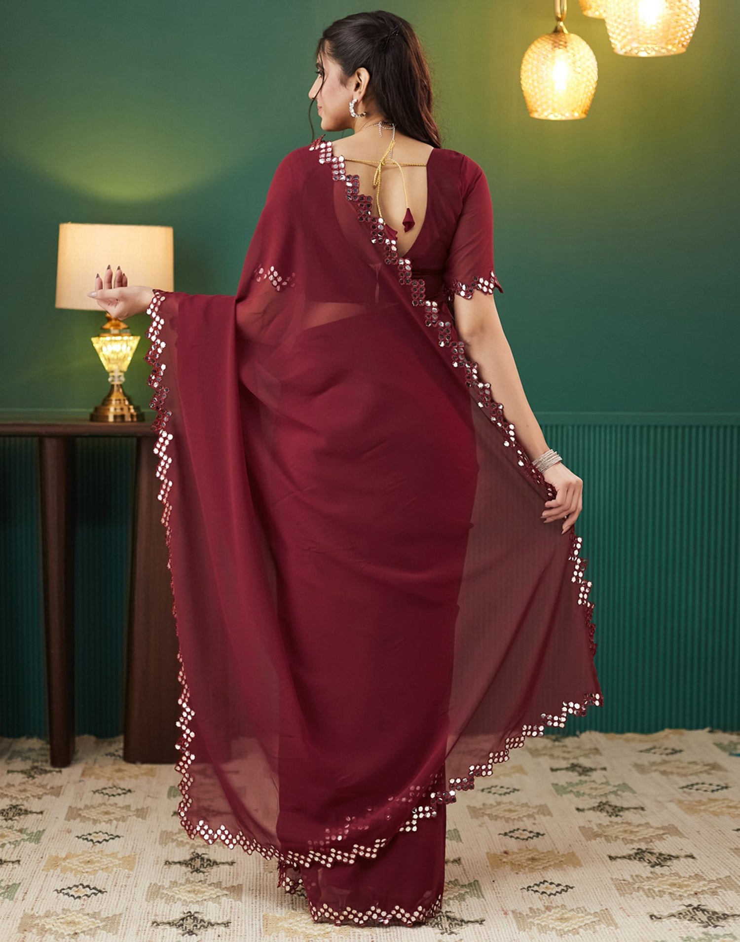 Maroon Georgette Mirror Work Embellished Saree