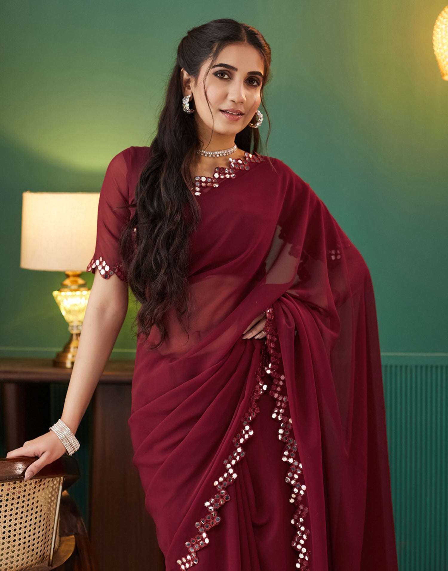 Maroon Georgette Mirror Work Embellished Saree