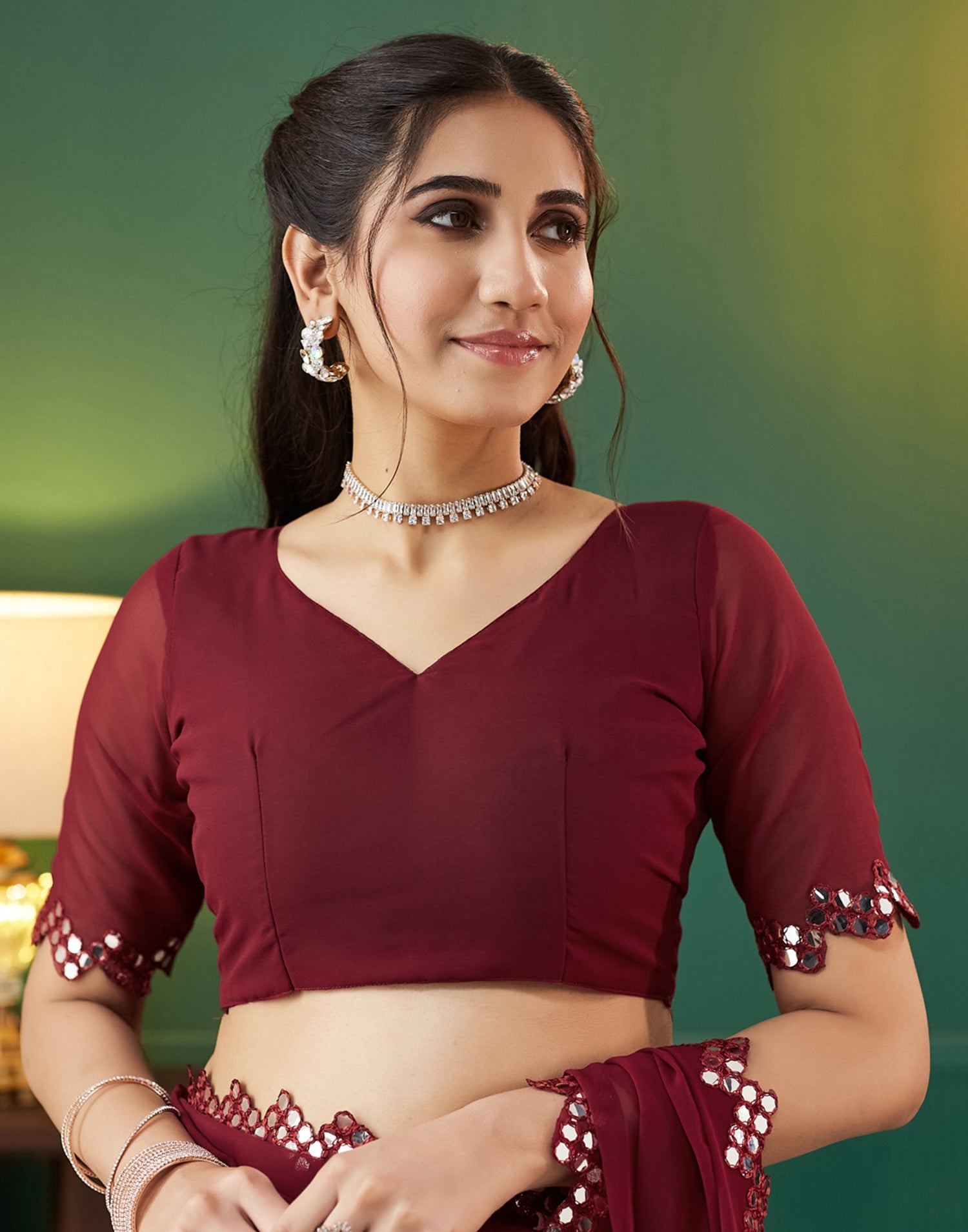 Maroon Georgette Mirror Work Embellished Saree