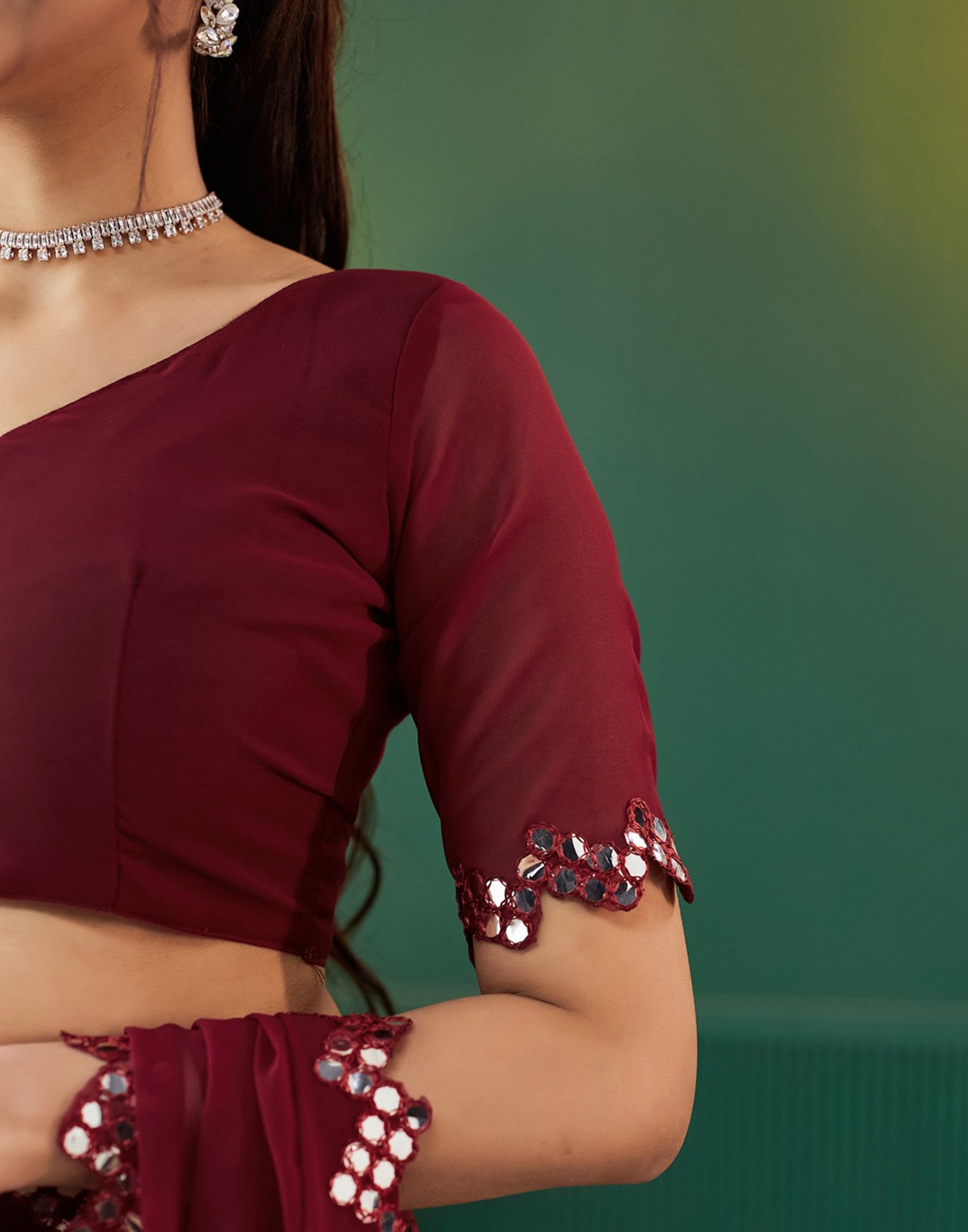 Maroon Georgette Mirror Work Embellished Saree