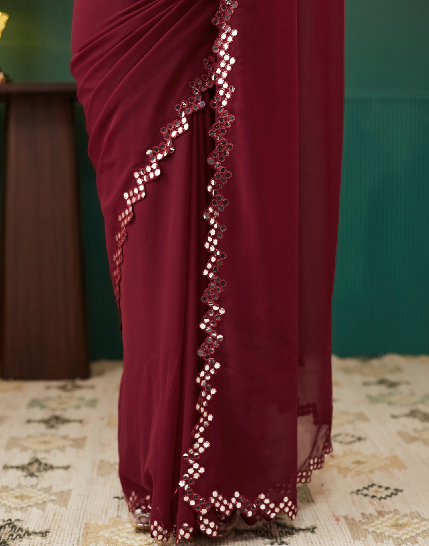 Maroon Georgette Mirror Work Embellished Saree