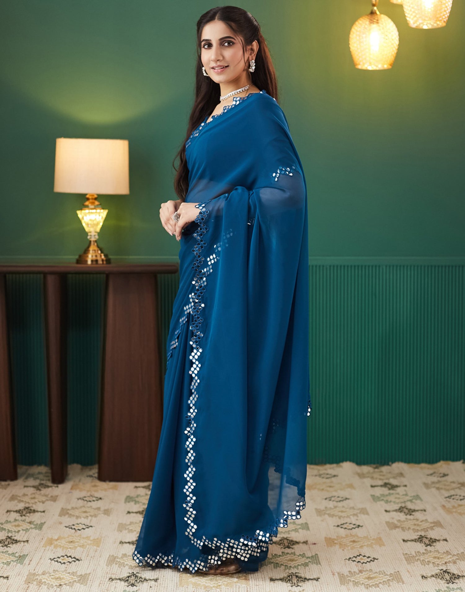 Blue Georgette Mirror Work Embellished Saree