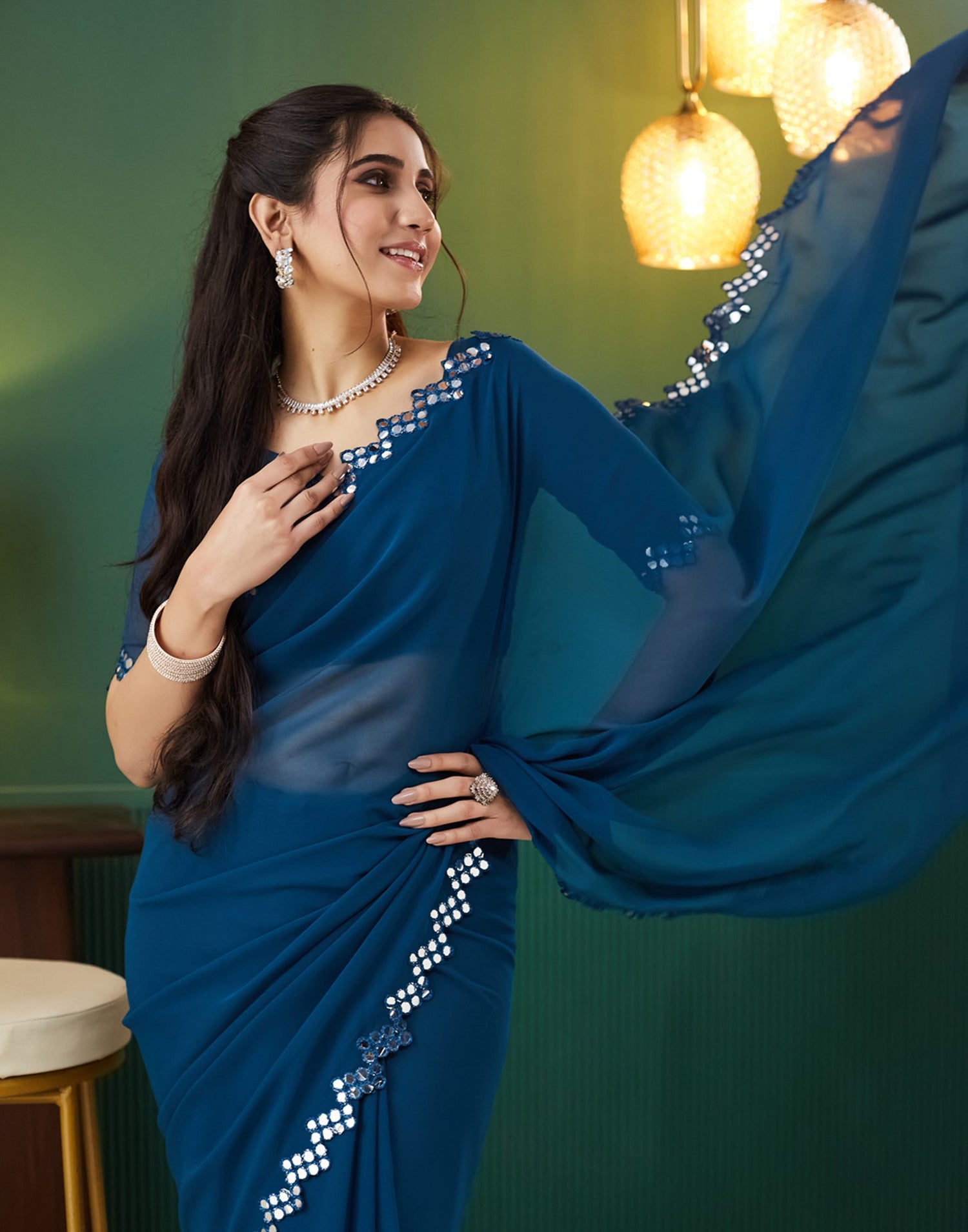 Blue Georgette Mirror Work Embellished Saree