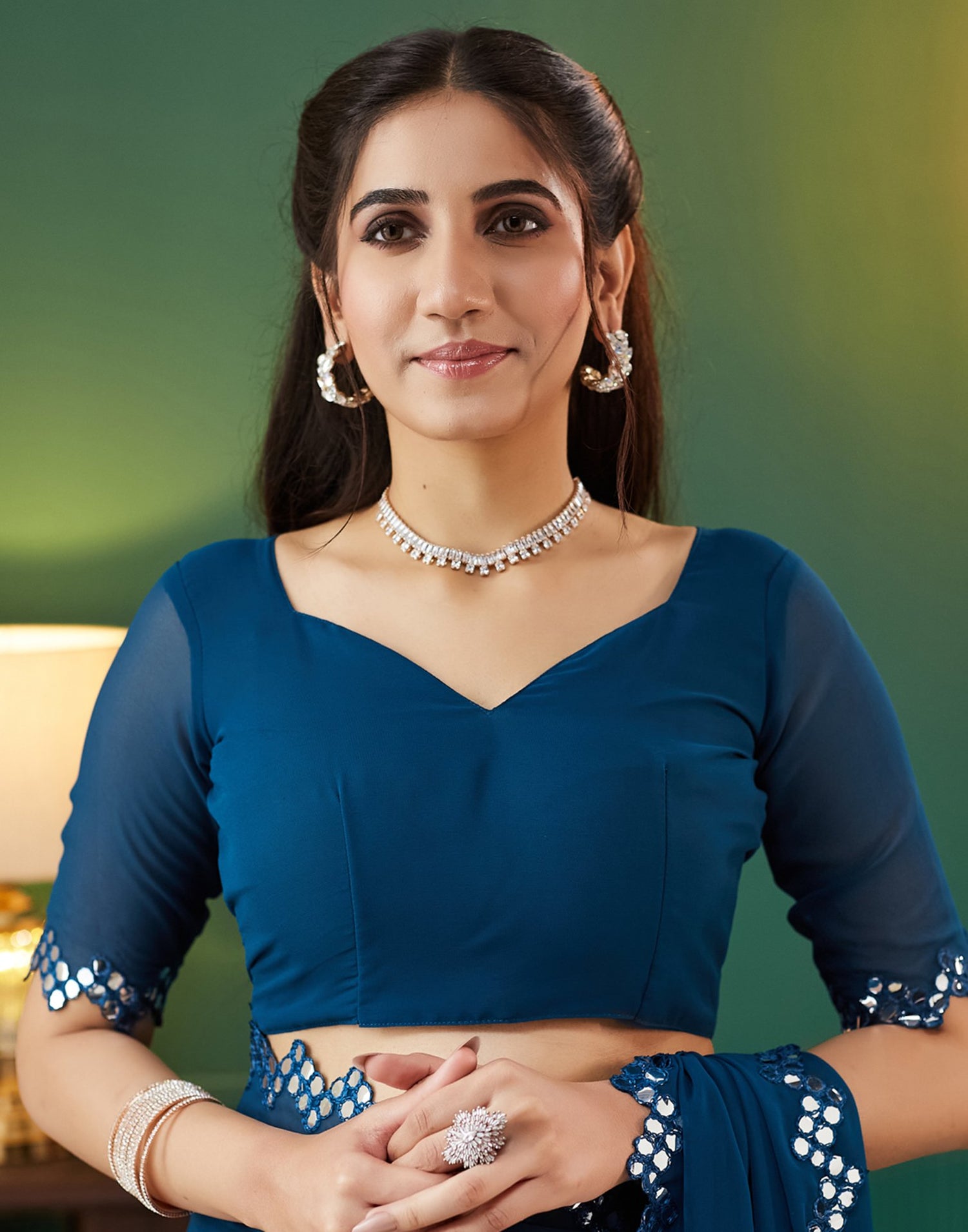 Blue Georgette Mirror Work Embellished Saree