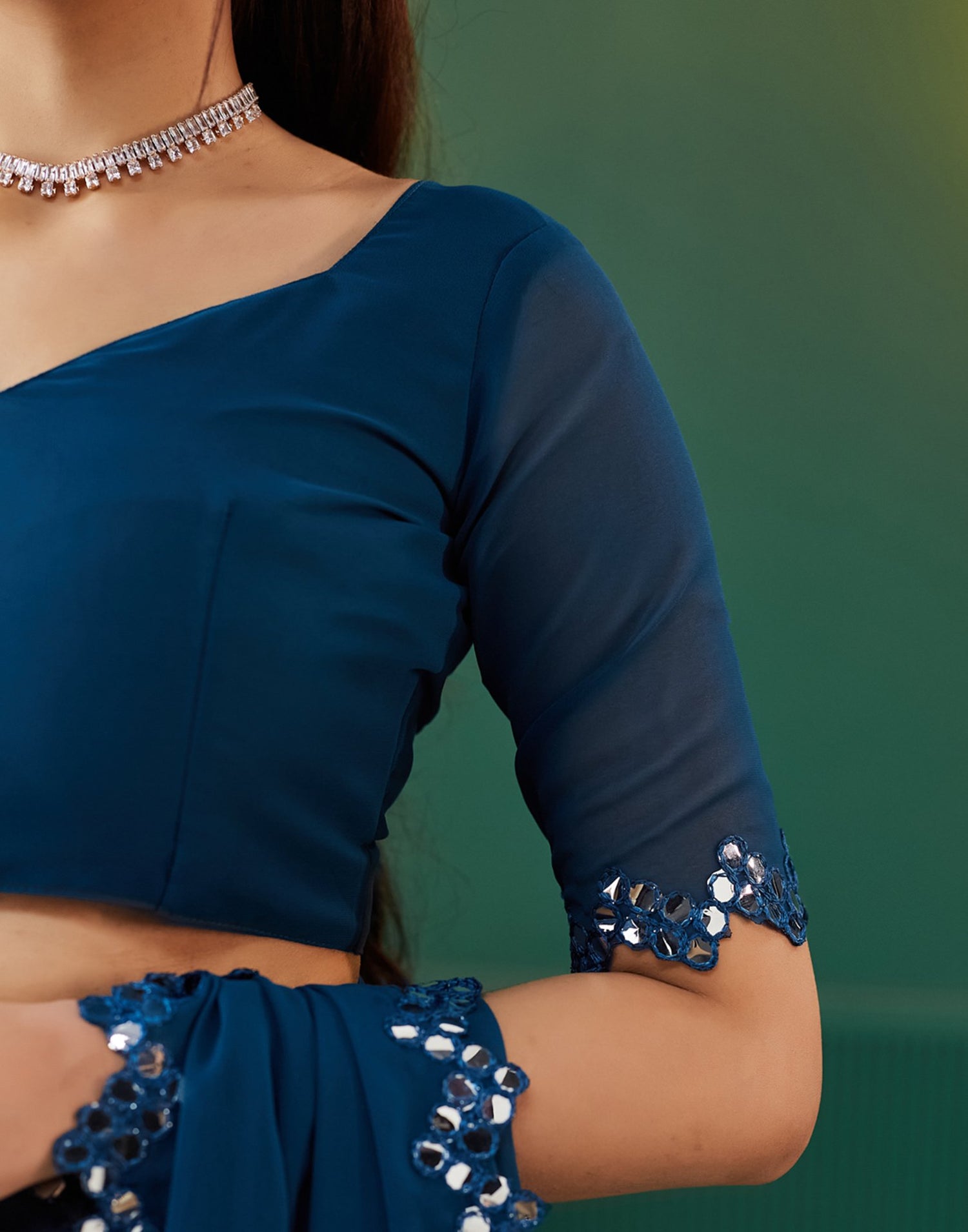 Blue Georgette Mirror Work Embellished Saree