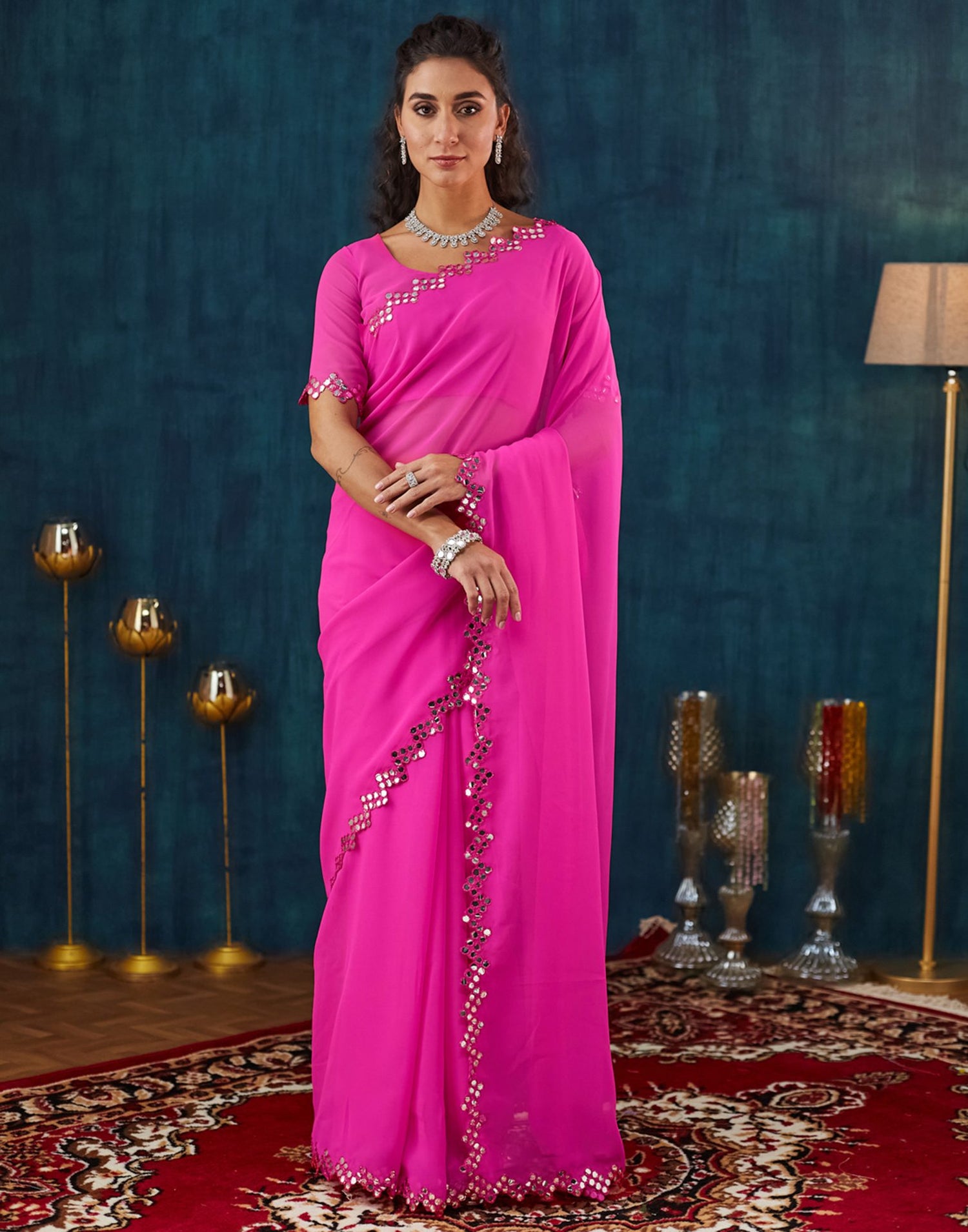 Pink Georgette Mirror Work Embellished Saree