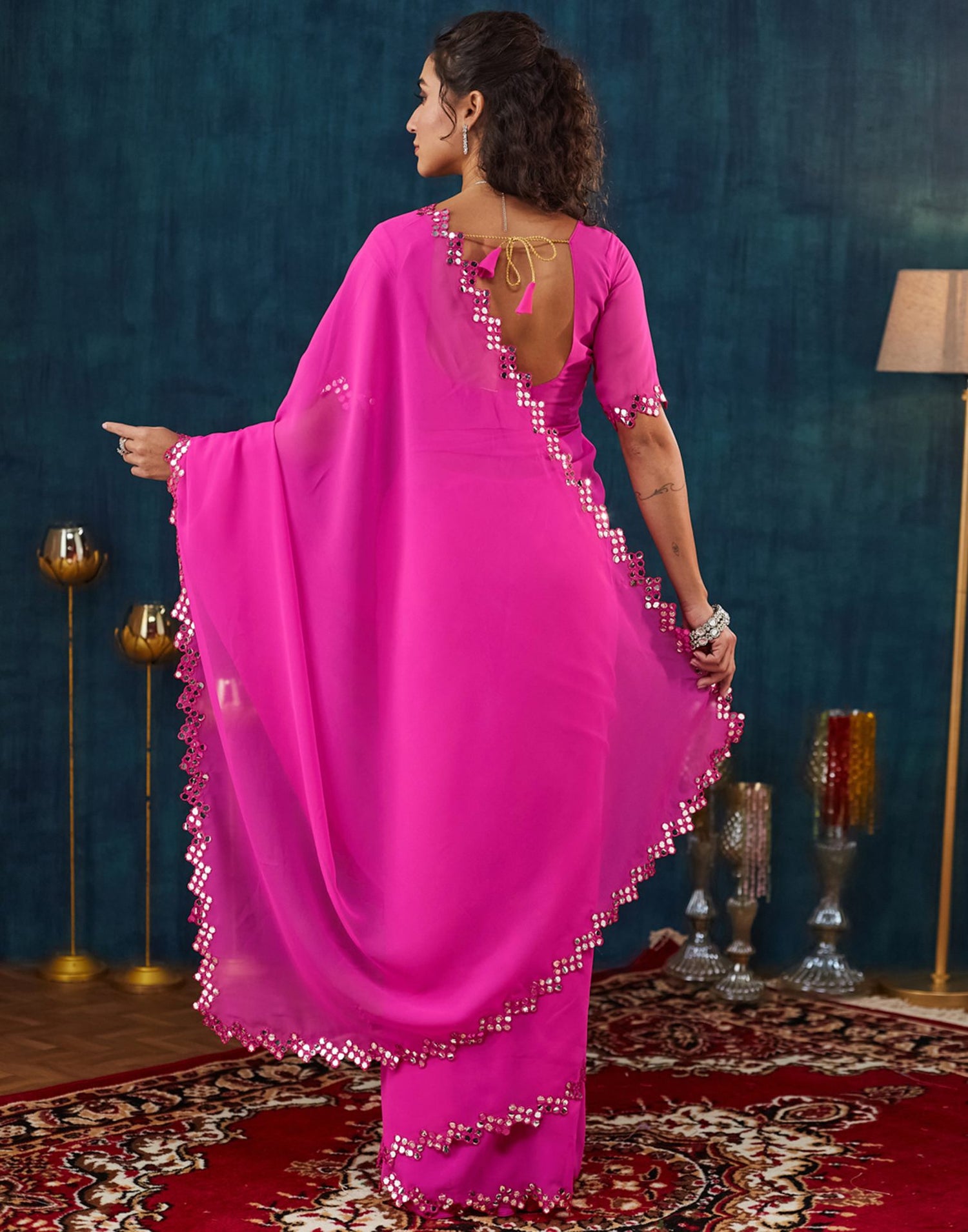 Pink Georgette Mirror Work Embellished Saree