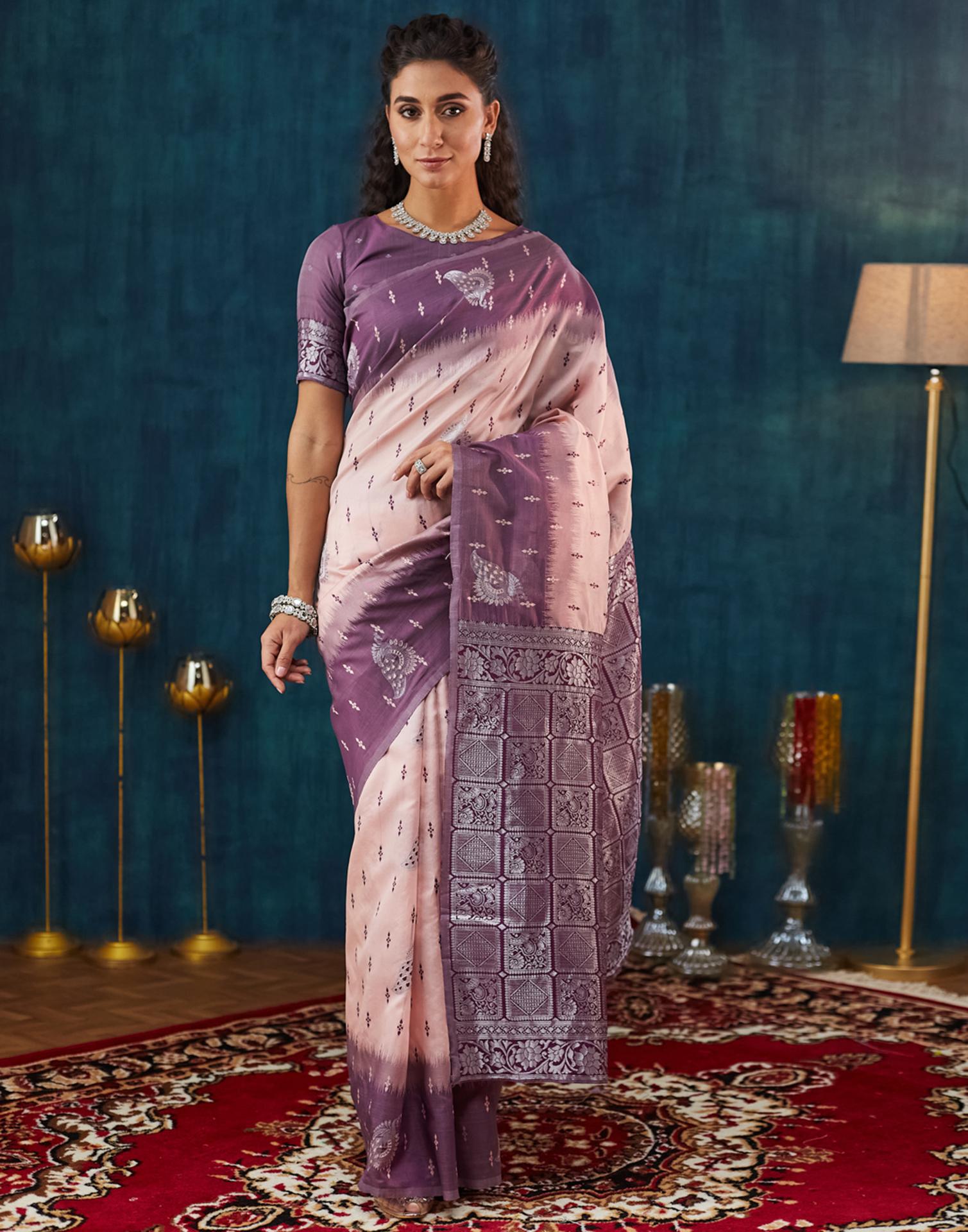 Peach Silk Blend Woven Woven Saree
