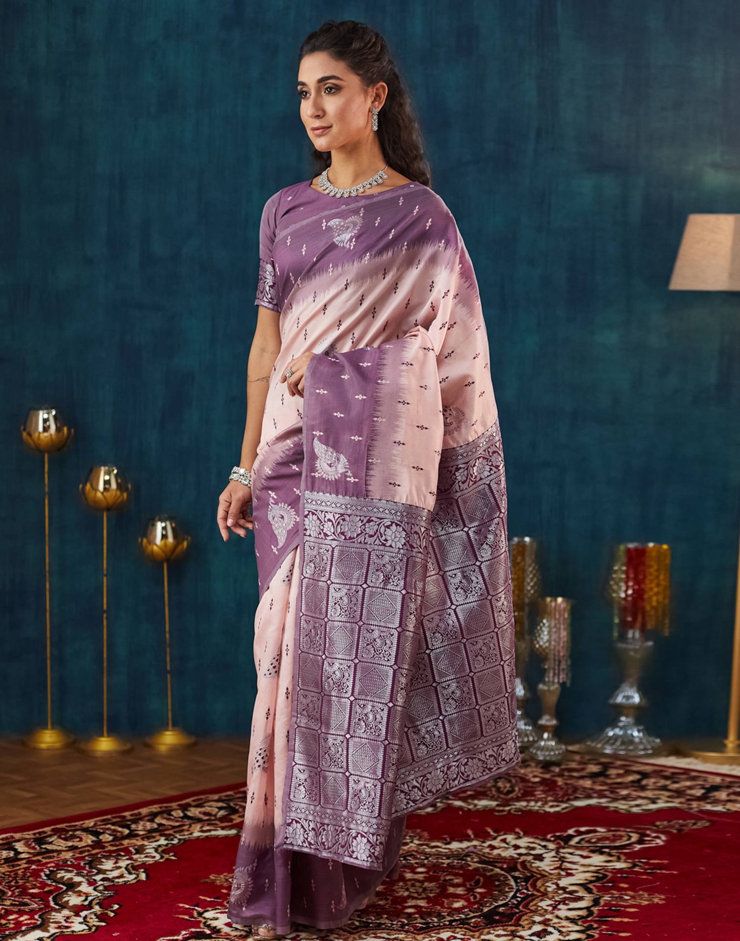 Peach Silk Blend Woven Woven Saree