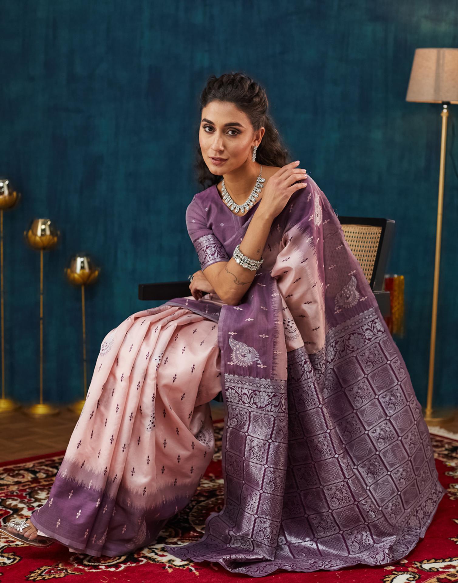 Peach Silk Blend Woven Woven Saree