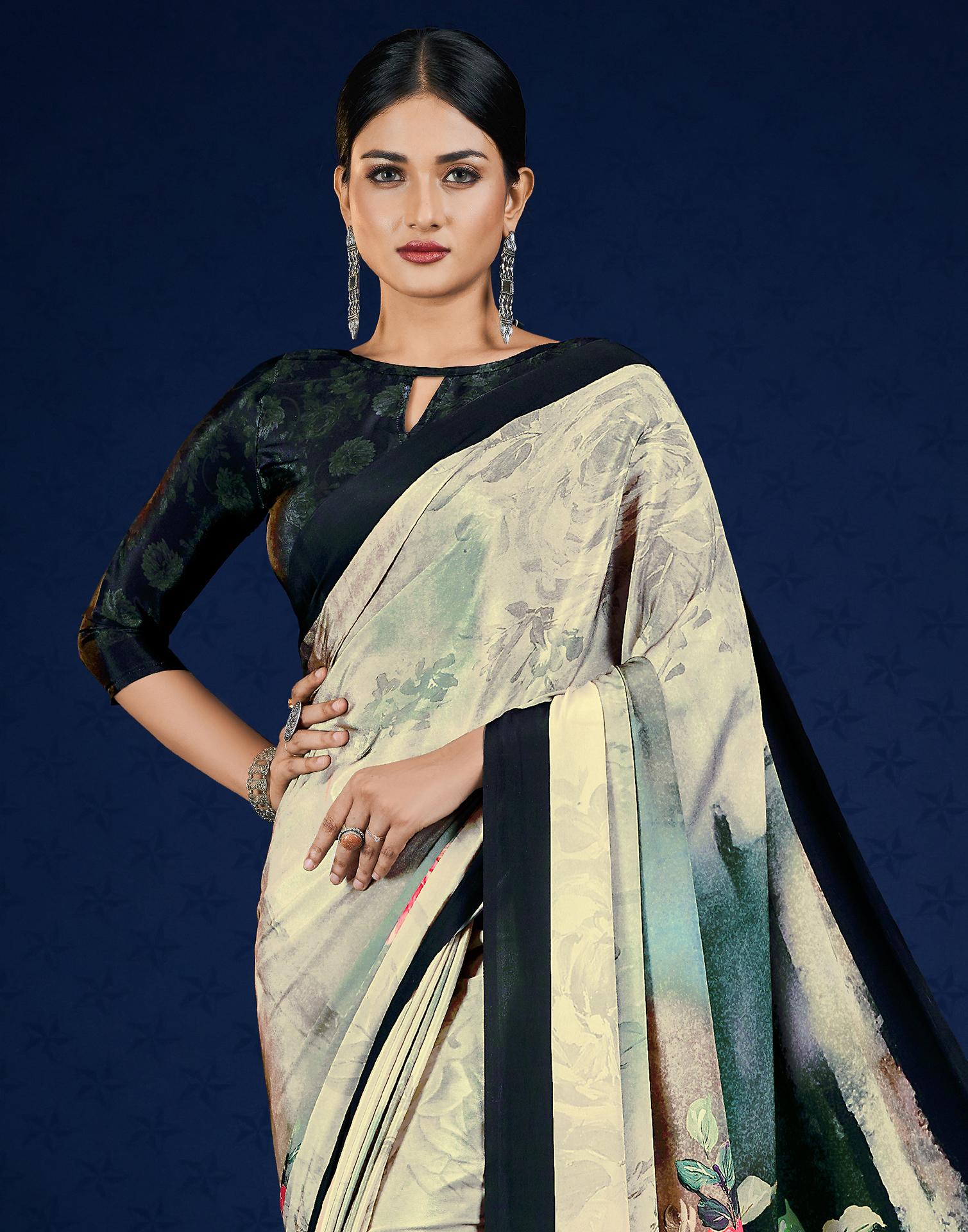 Beige Polyester Printed Printed Saree
