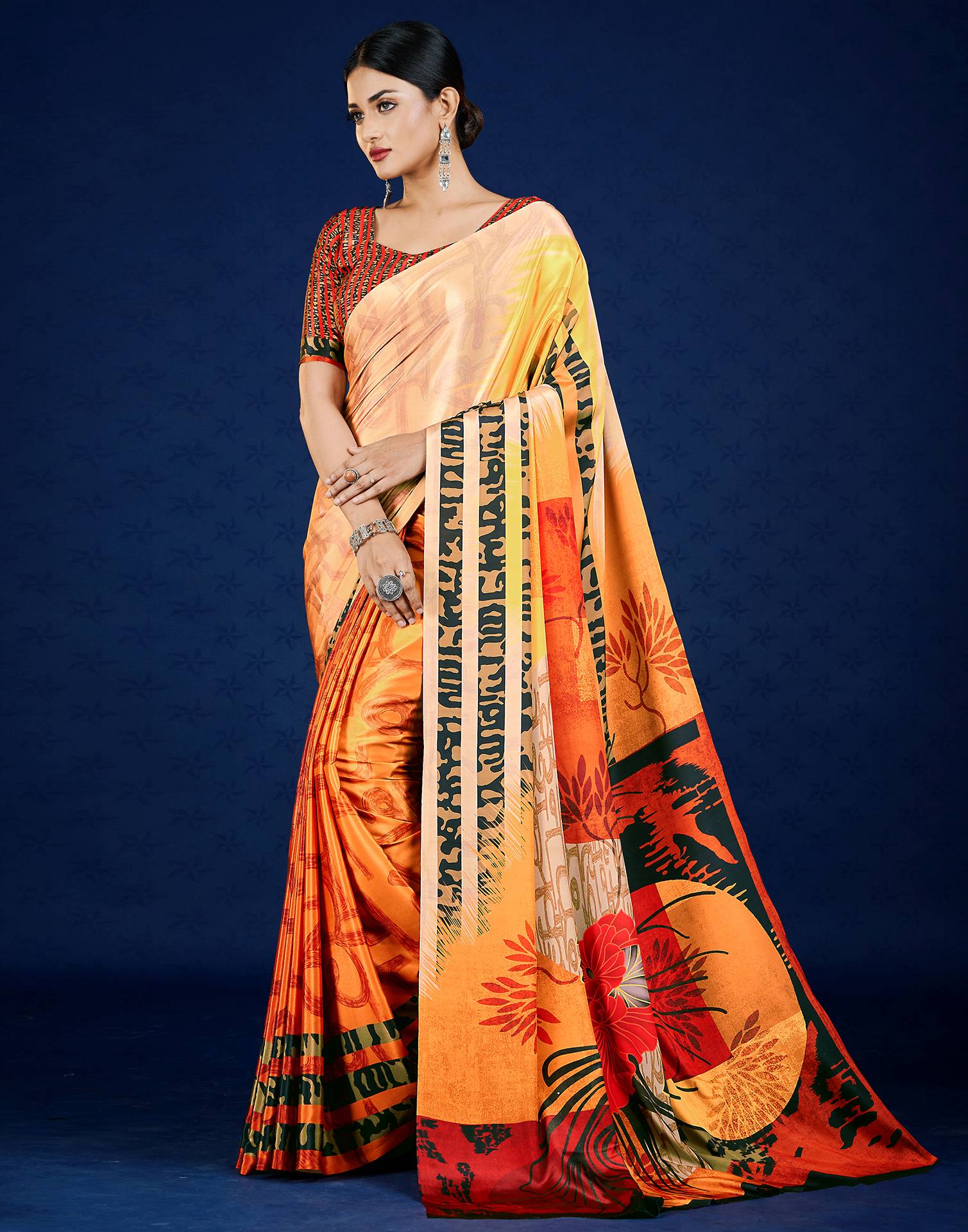 Saffron Polyester Printed Printed Saree