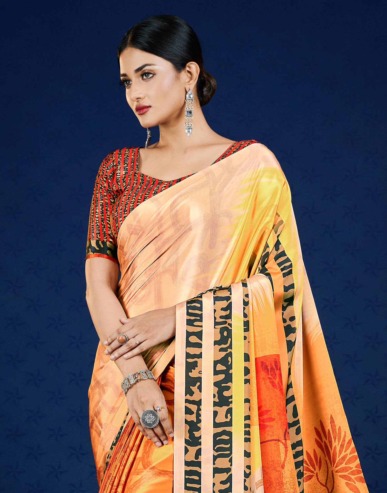 Saffron Polyester Printed Printed Saree