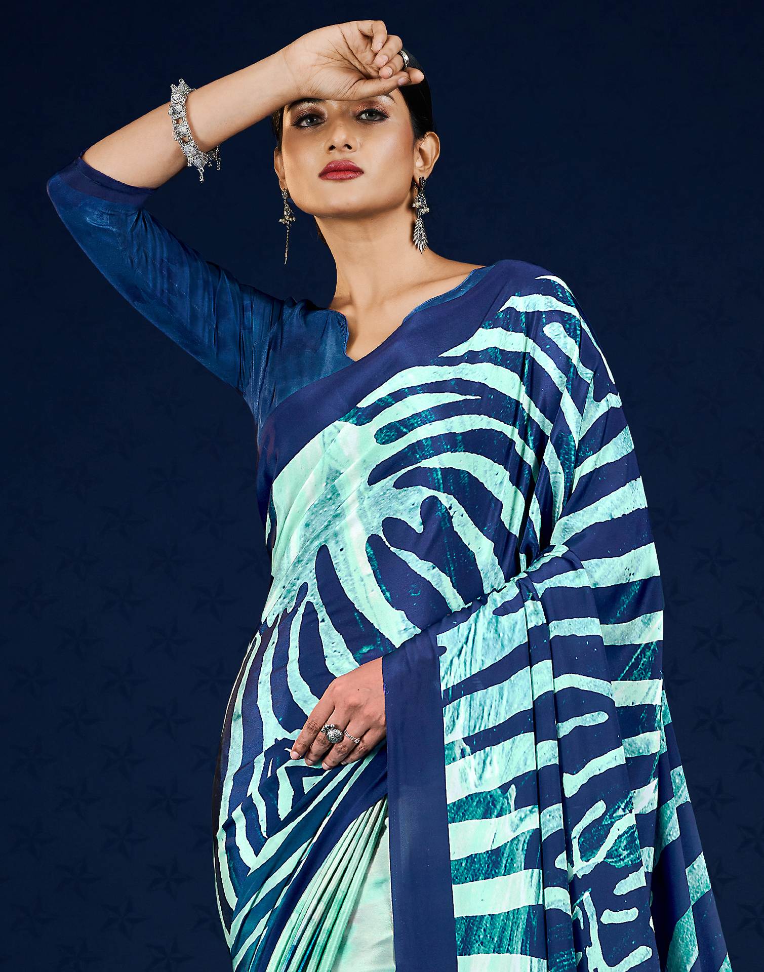 Blue Polyester Printed Printed Saree