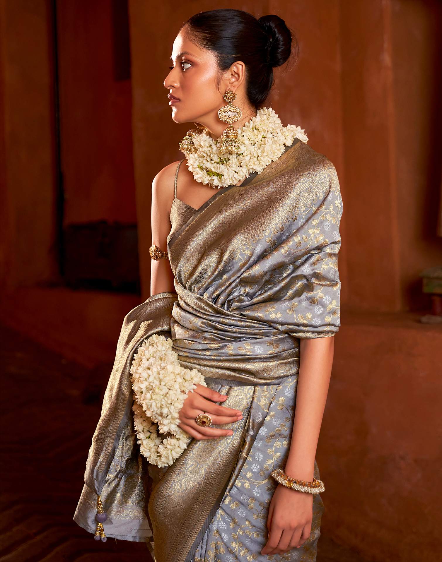 Grey Silk Woven Banarasi Saree