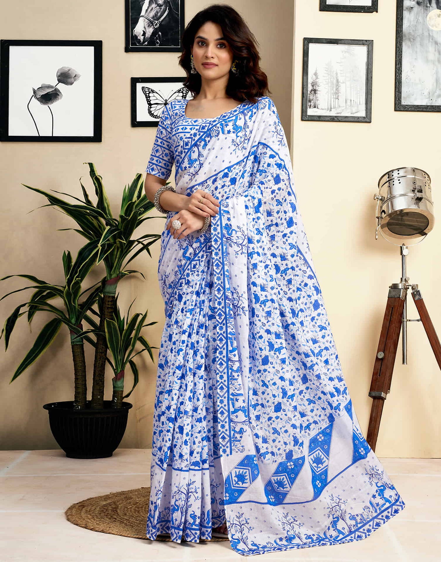 Ready To Wear White Pure Cotton Floral Printed Saree With Pocket