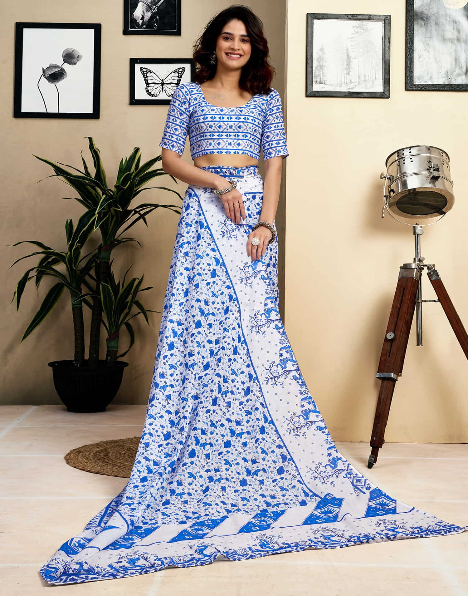 Ready To Wear White Pure Cotton Floral Printed Saree With Pocket