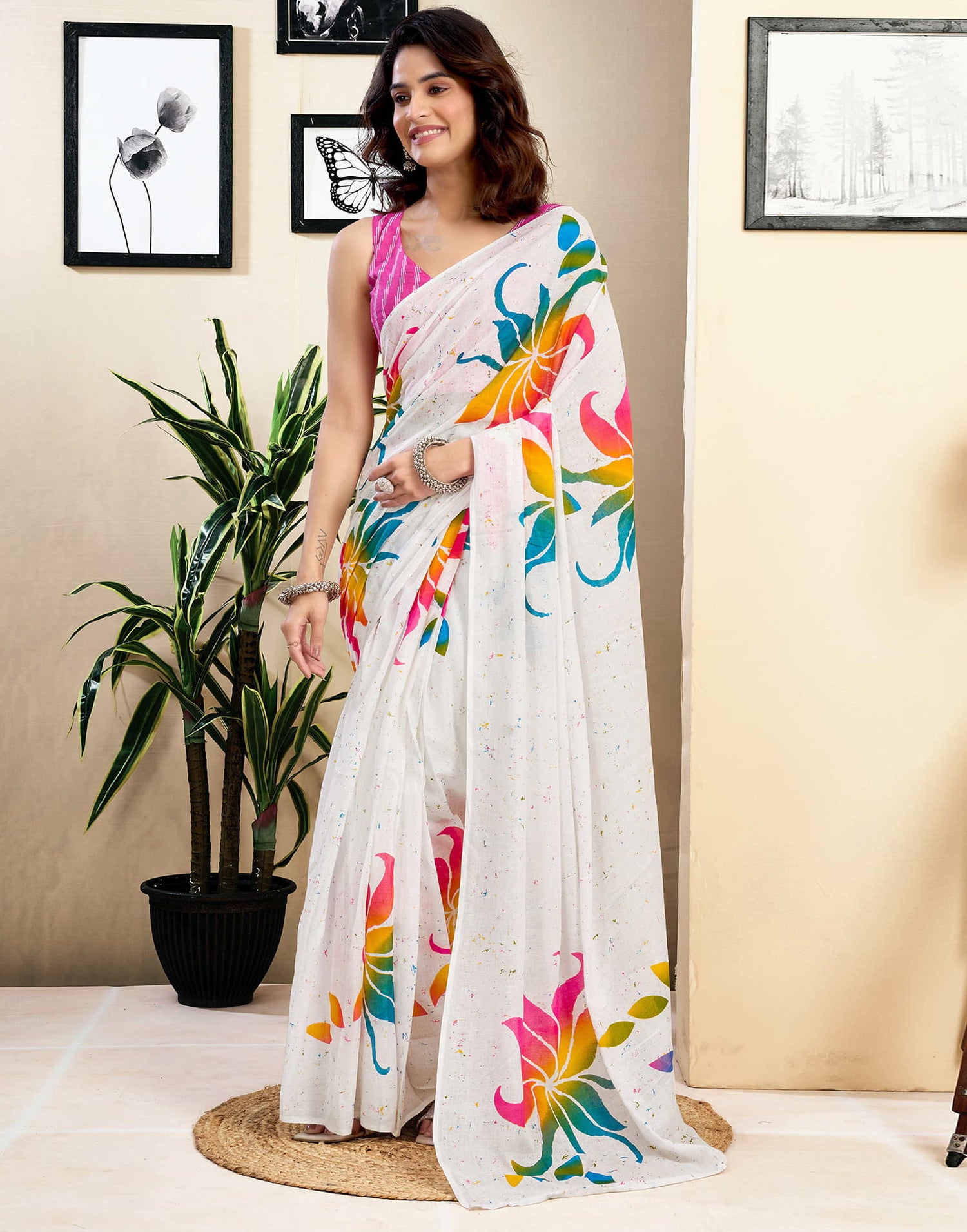 Ready To Wear White Pure Cotton Floral Printed Saree With Pocket